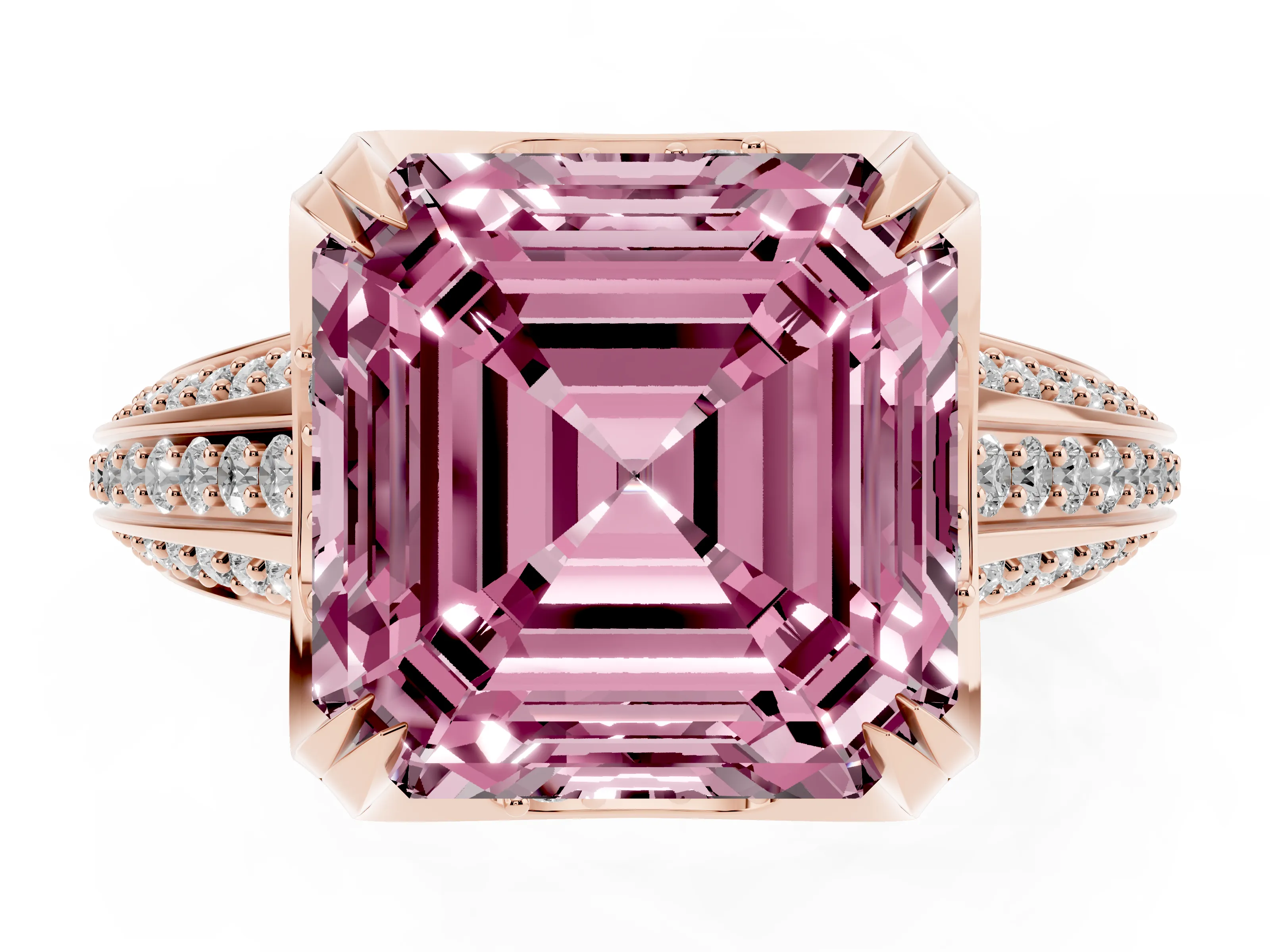 Fancy Pink Asscher Cut Diamond Pavé Split Shank Solitaire Ring Set in Rose gold with Prong Setting