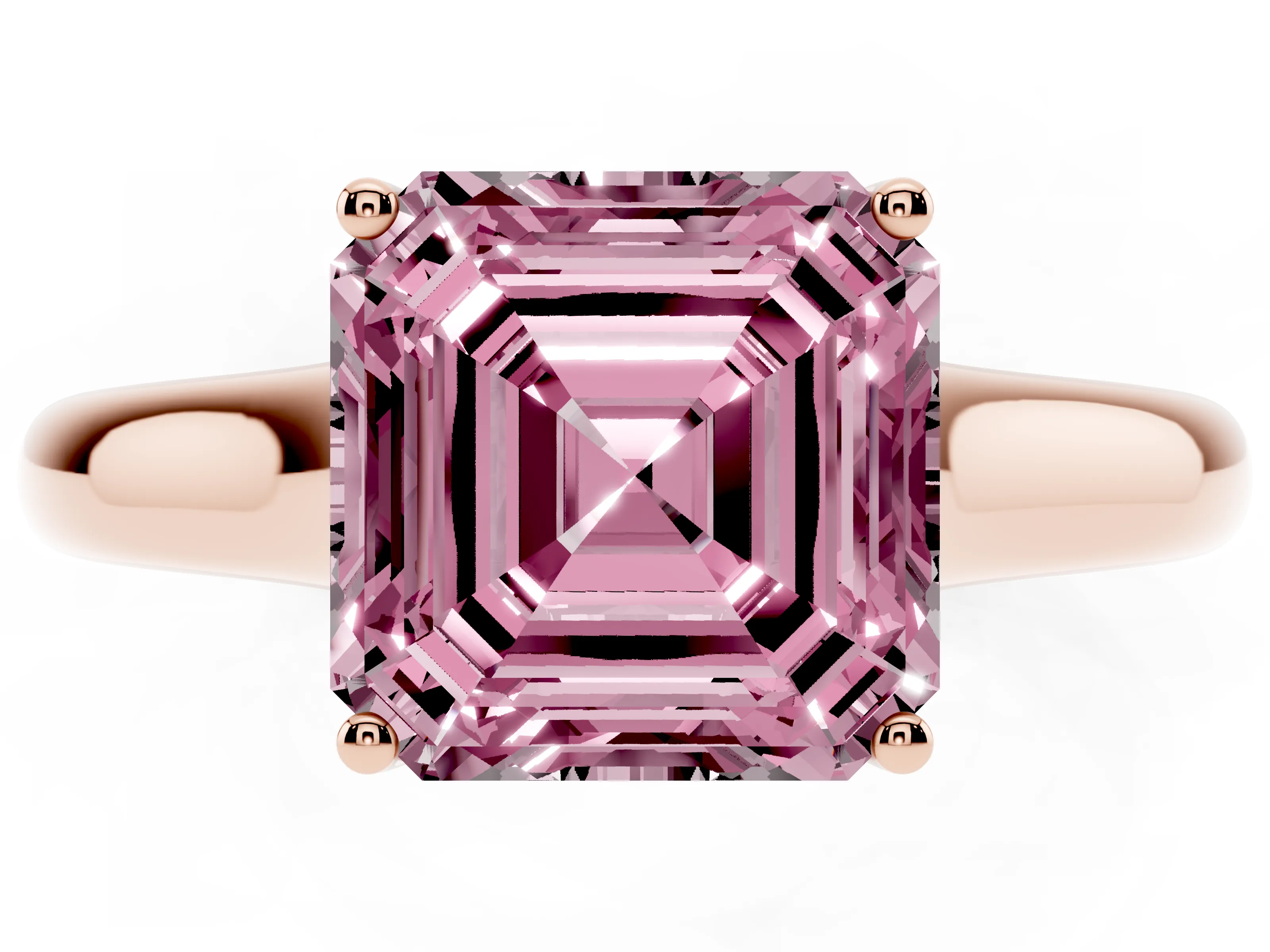 Fancy Pink Asscher Cut Diamond Solitaire Engagement Ring Set in Rose gold with Subtly Tapered Band and Prong Setting