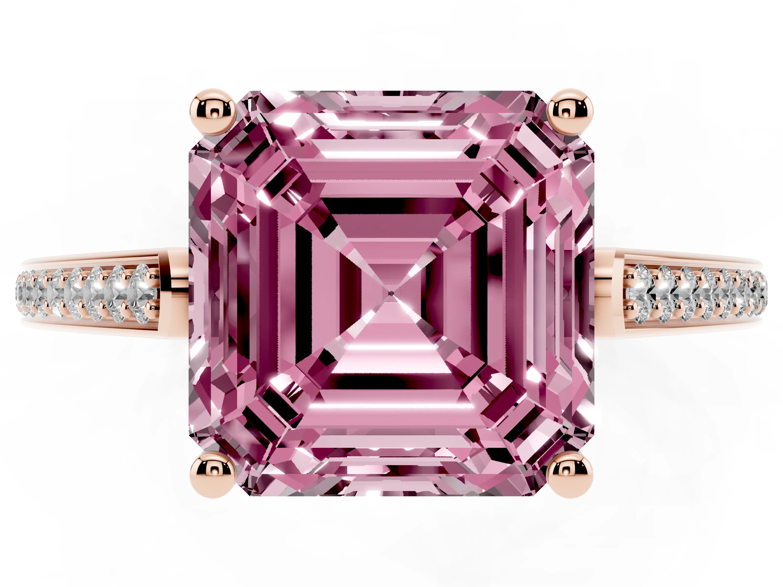 Fancy Pink Asscher Cut Diamond Cathedral Pavé Engagement Ring Set in Rose gold with Prong Setting
