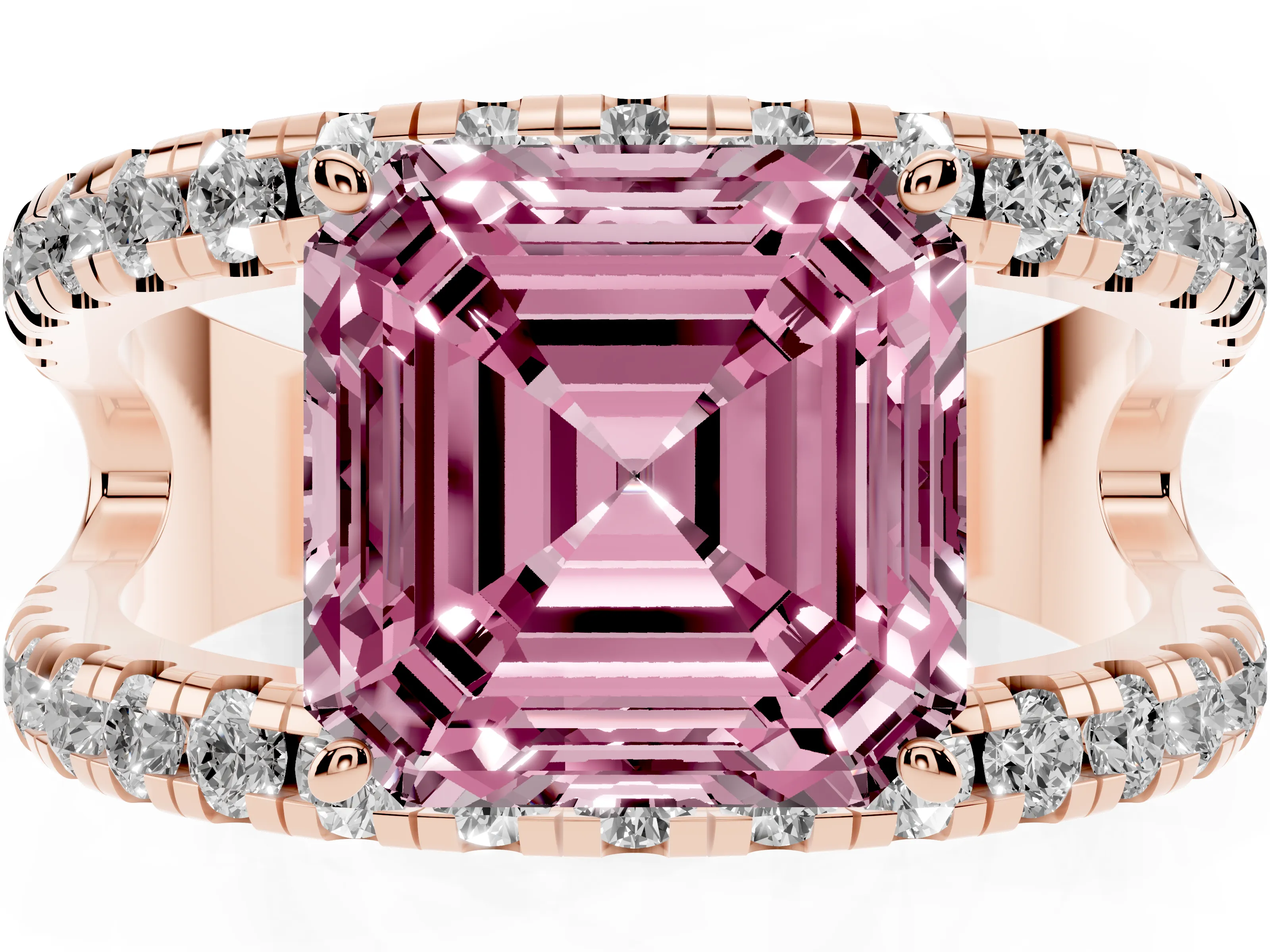 Fancy Pink Asscher Cut Diamond Split Shank Pavé Solitaire Ring Set in Rose gold with Open Shank Design