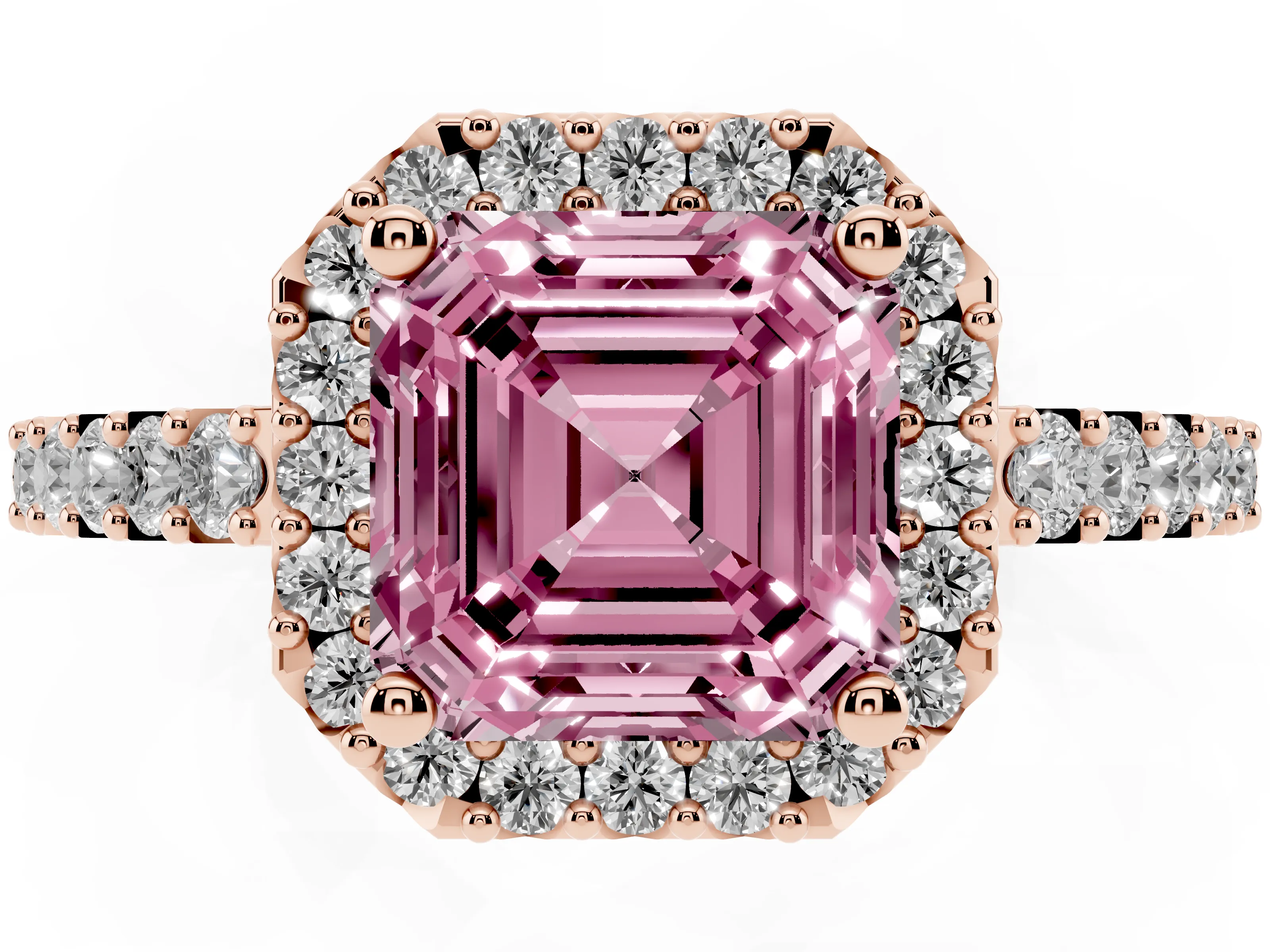 Fancy Pink Asscher Cut Diamond Halo Pavé Solitaire Ring Set in Rose gold with Prong-Set Center Stone