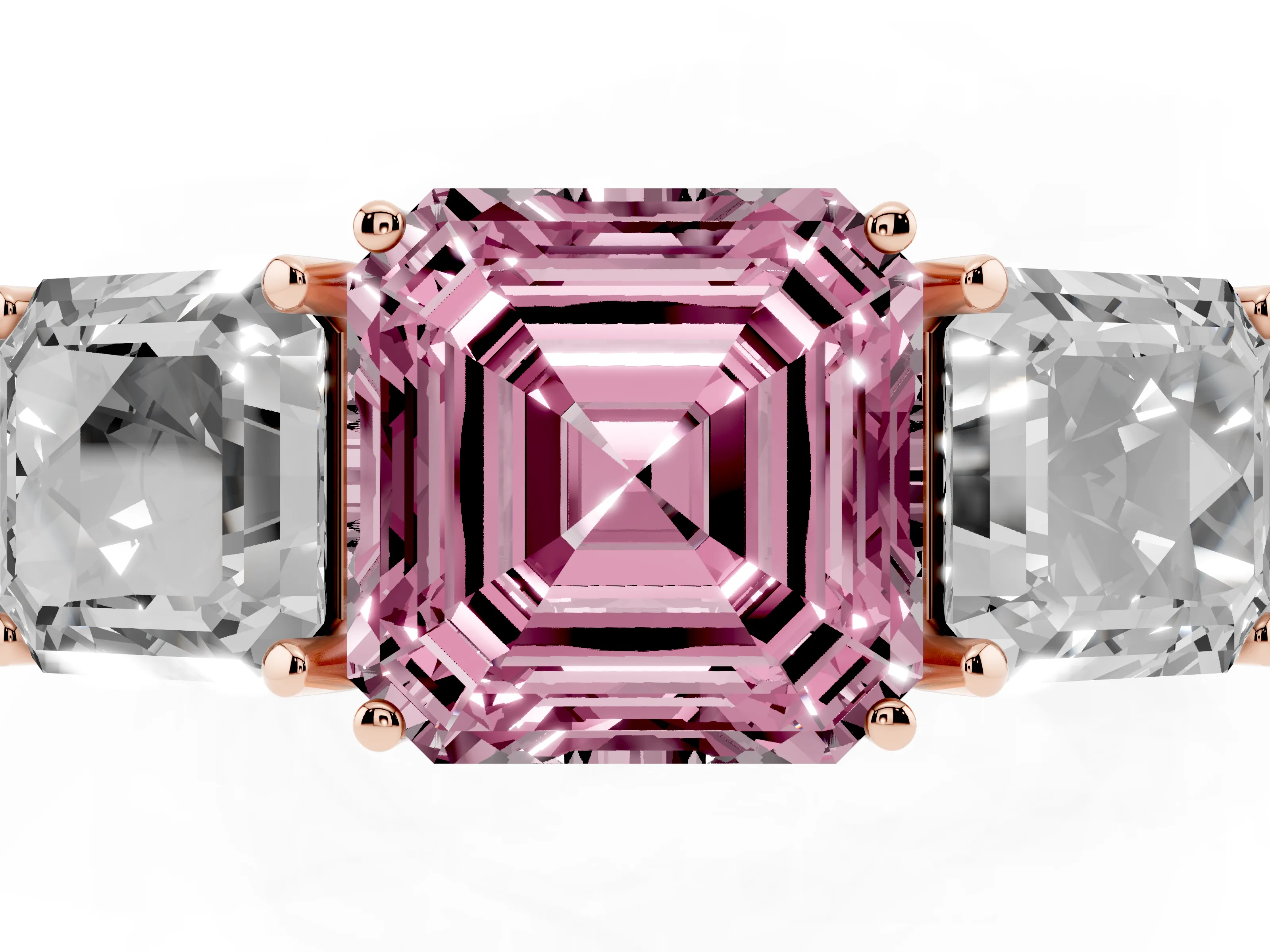 Fancy Pink Asscher Cut Diamond Three-Stone Engagement Ring Set in Rose gold with Milgrain Pavé Band