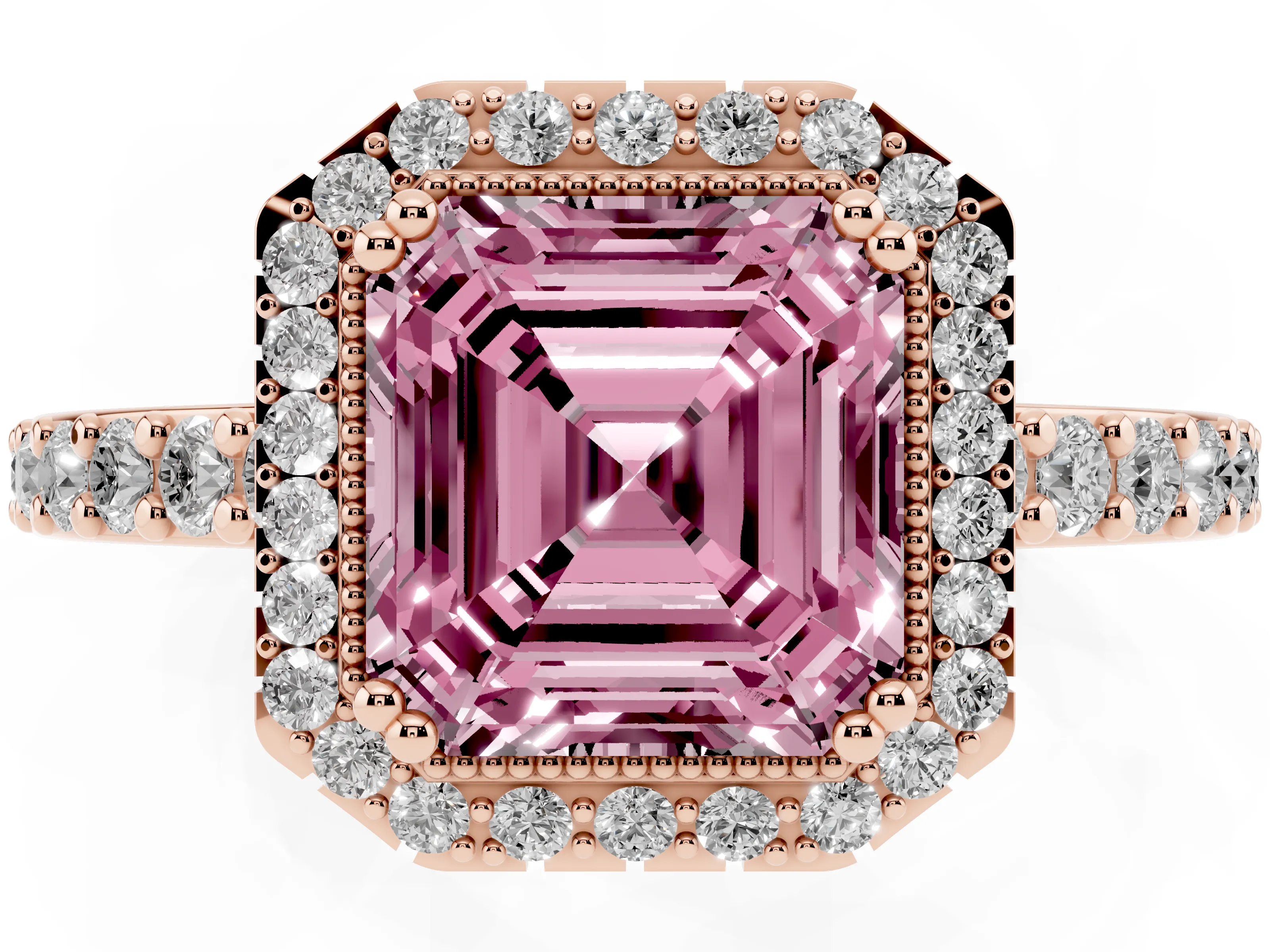 Fancy Pink Asscher Cut Diamond Halo Engagement Ring Set in Rose gold with Milgrain Detail and Pavé Band