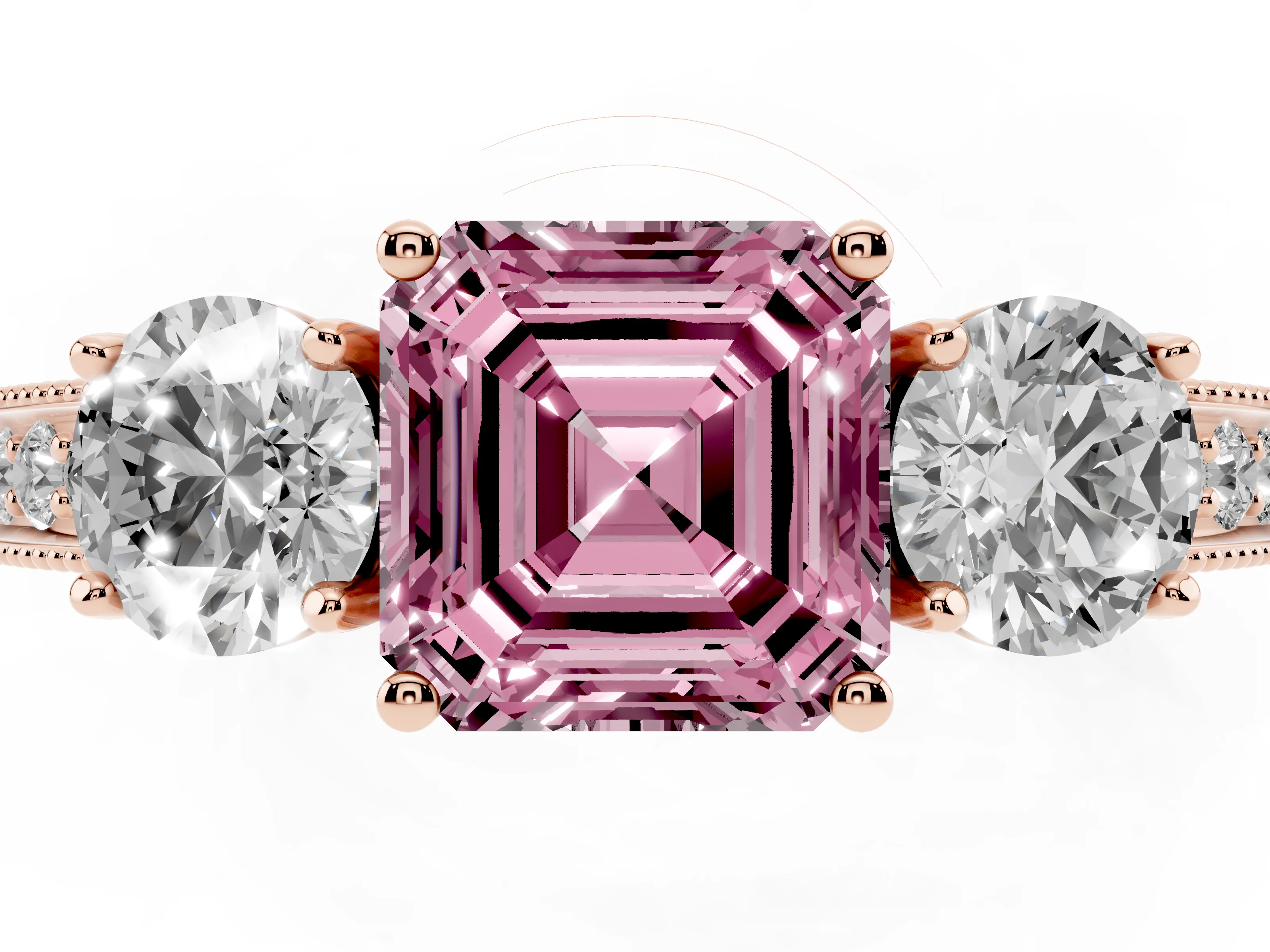 Fancy Pink Asscher Cut Diamond Three-Stone Ring Set in Rose gold with Round Side Stones and Pavé Band
