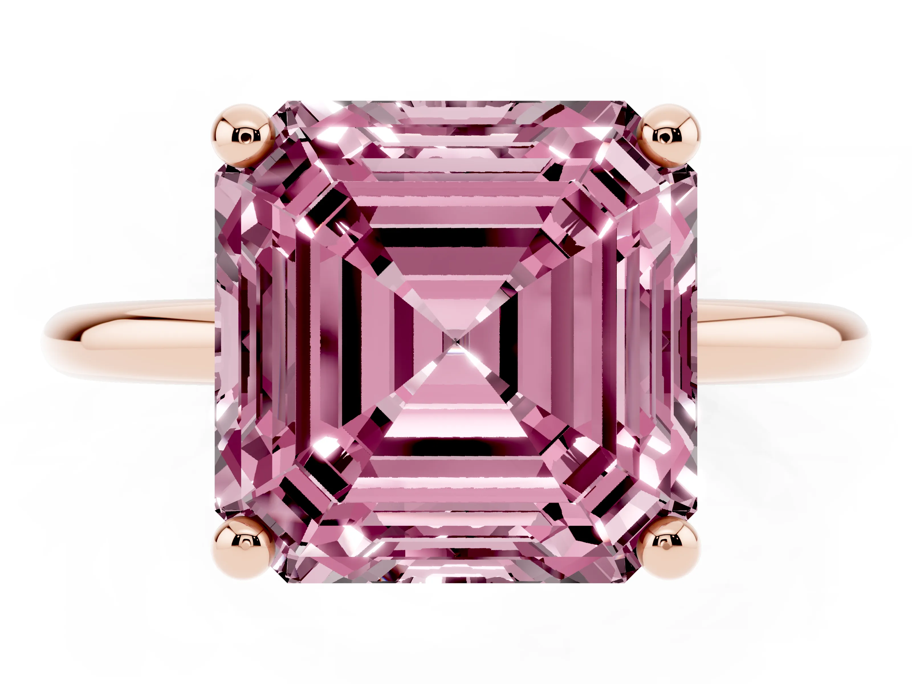 Fancy Pink Asscher Cut Diamond Solitaire Ring Set in Rose gold with Secure Prong Setting on a Classic Band
