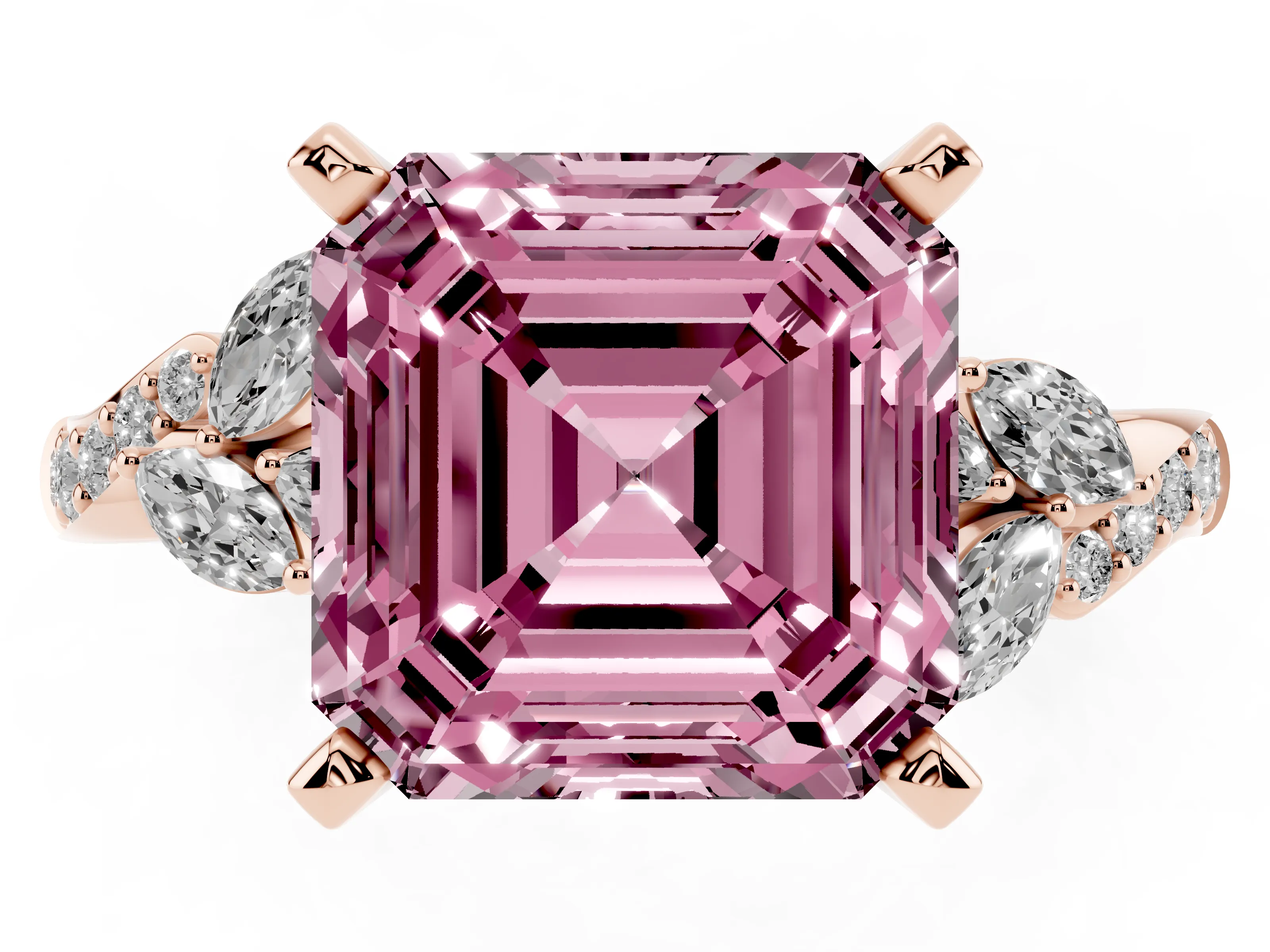 Fancy Pink Asscher Cut Diamond Solitaire Ring Set in Rose gold with Marquise Twist Band and Prong Setting