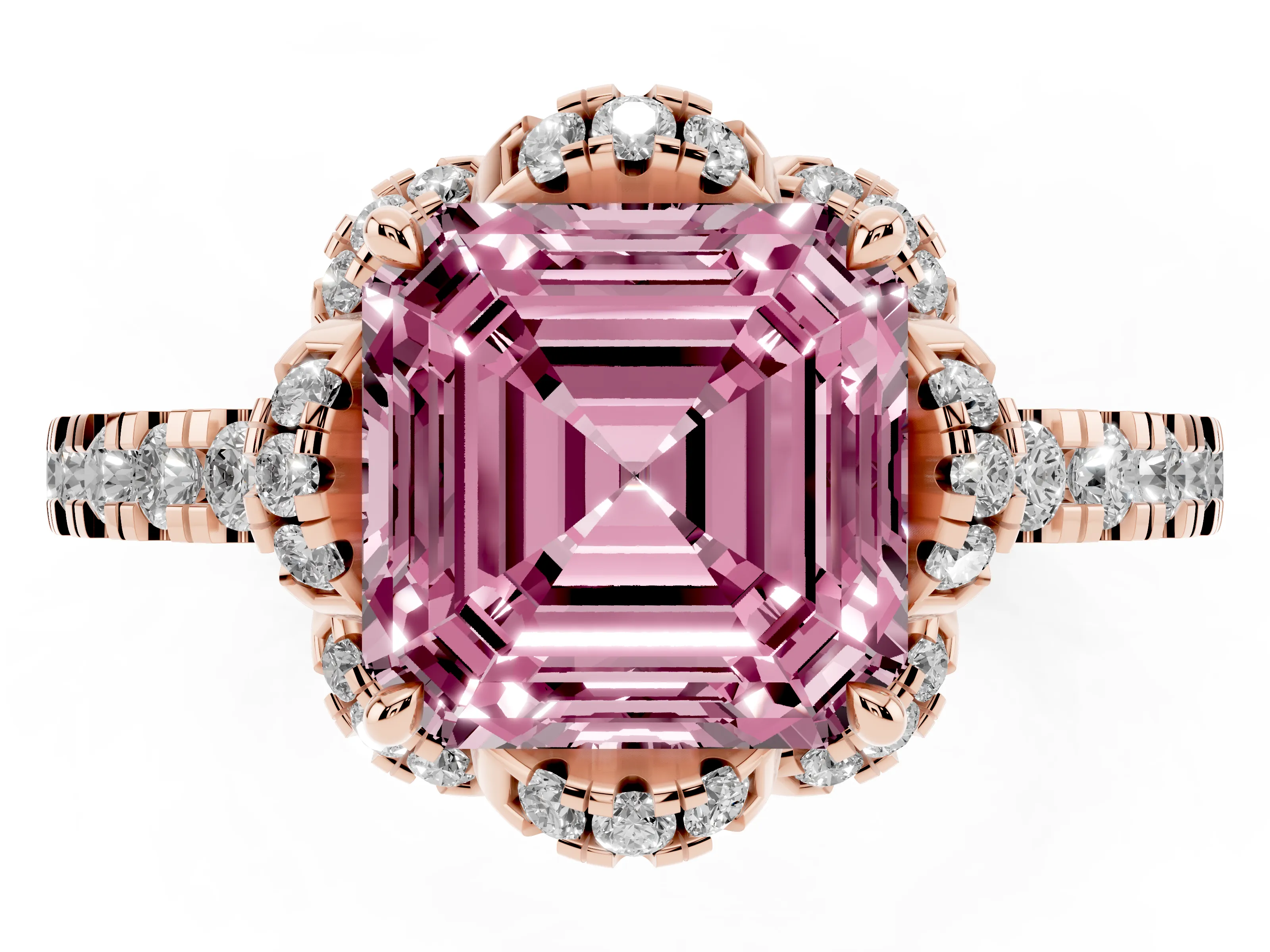 Fancy Pink Asscher Cut Diamond Halo Pavé Band Ring Set in Rose gold with Prong-Held Center
