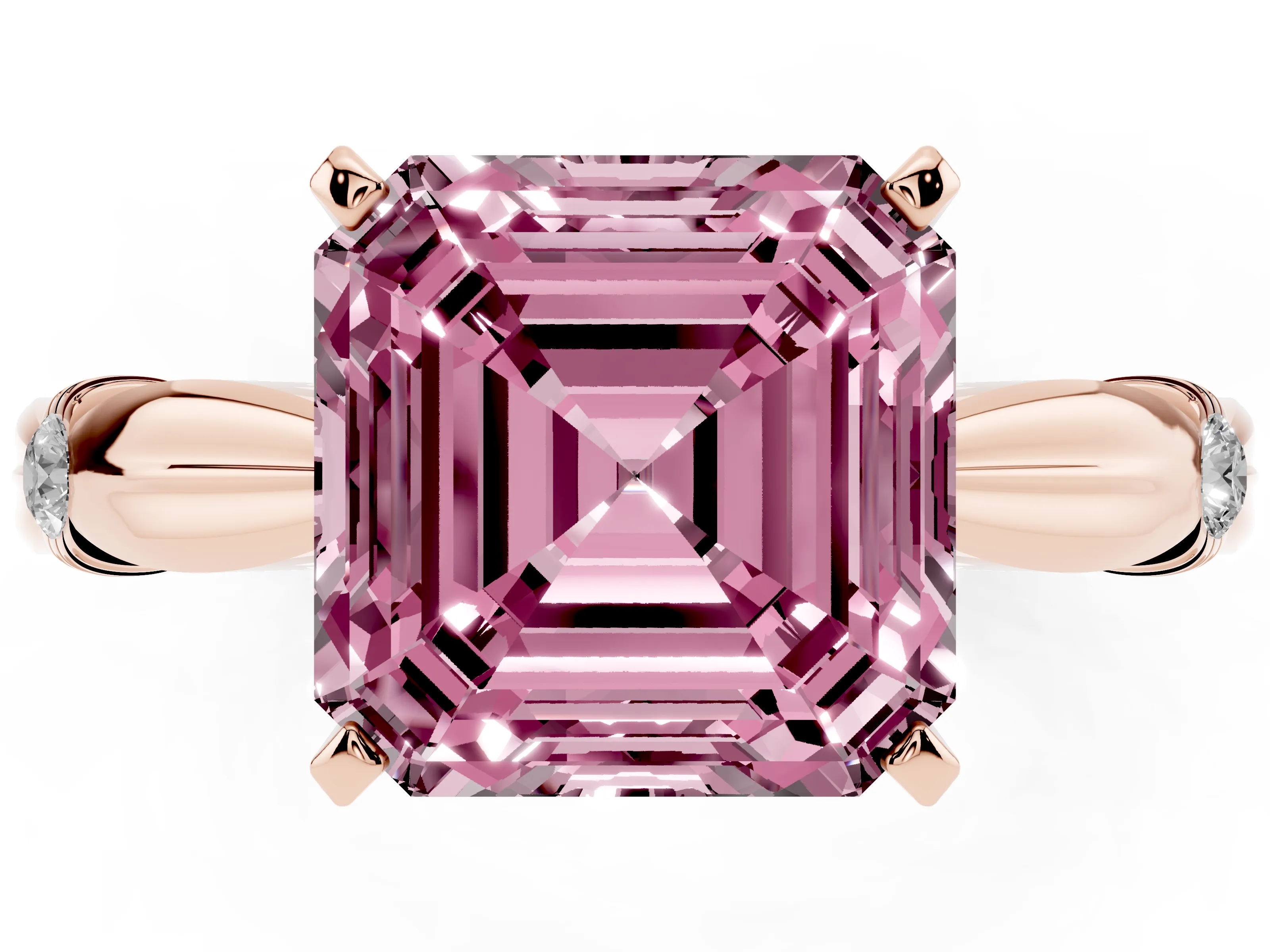 Fancy Pink Asscher Cut Diamond Solitaire Twisted Band Ring Set in Rose gold with Accent Stones and Prong Setting