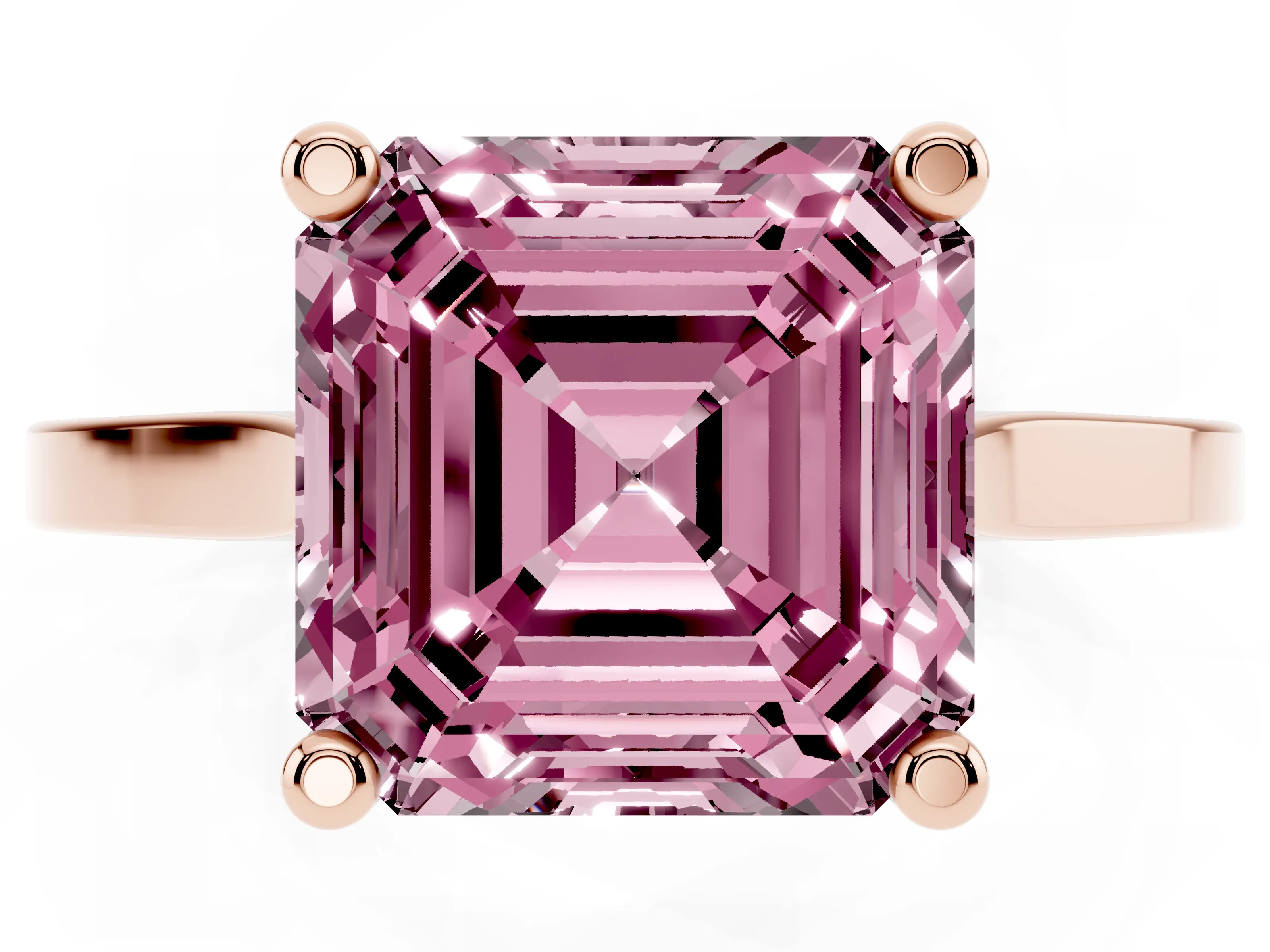 Fancy Pink Asscher Cut Diamond Solitaire Ring Set in Rose gold with Prong Setting and Tapered Band