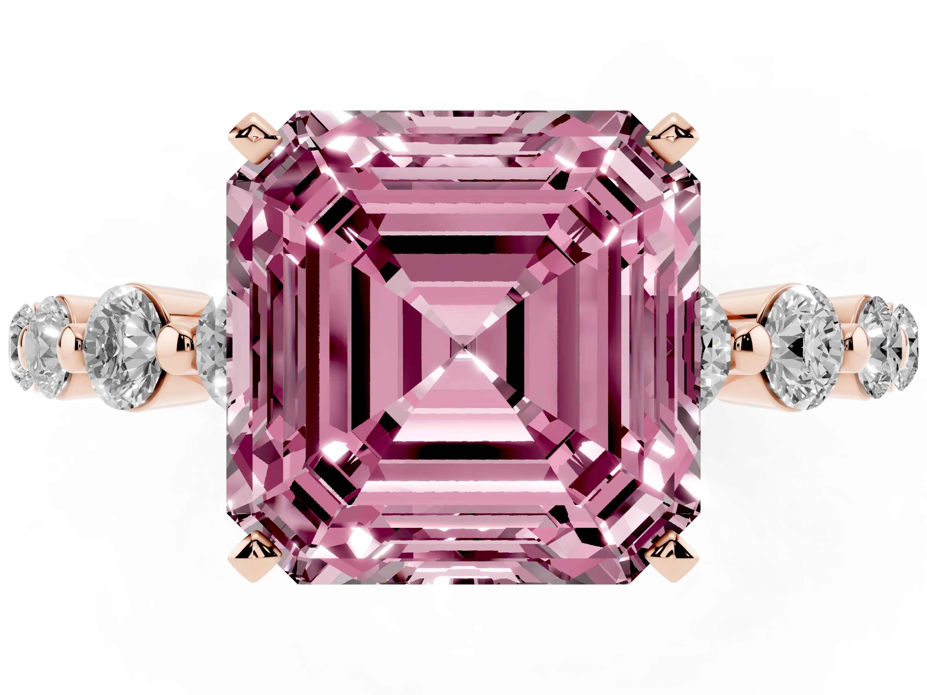 Fancy Pink Asscher Cut Diamond Solitaire Ring Set in Rose gold with Pavé Band and Prong Setting