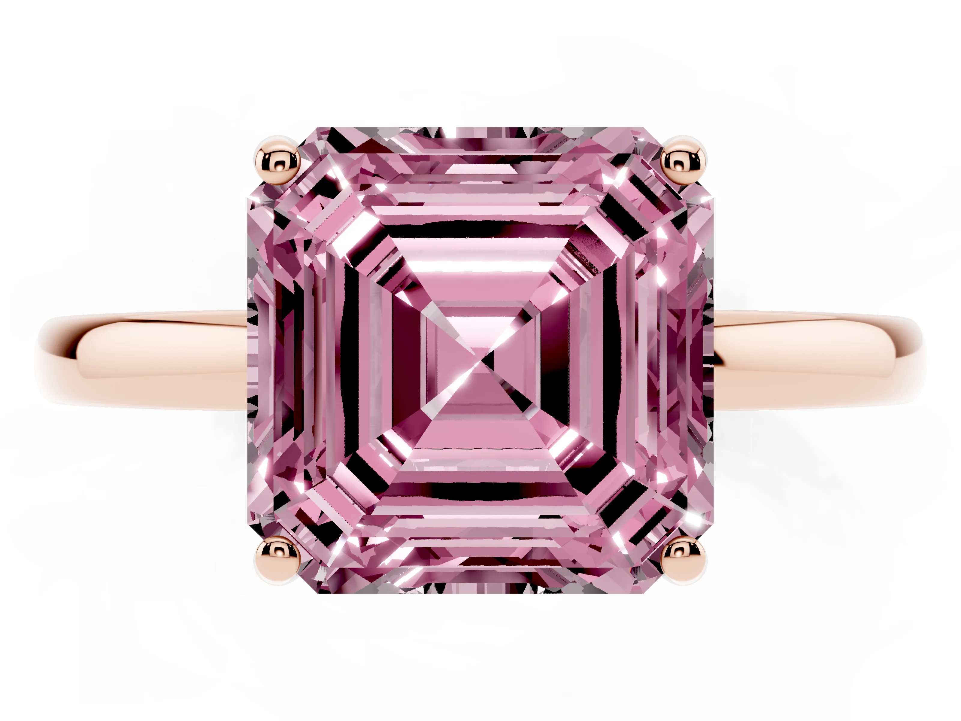 Fancy Pink Asscher Cut Diamond Solitaire Ring Set in Rose gold with Plain Band and Prong Setting