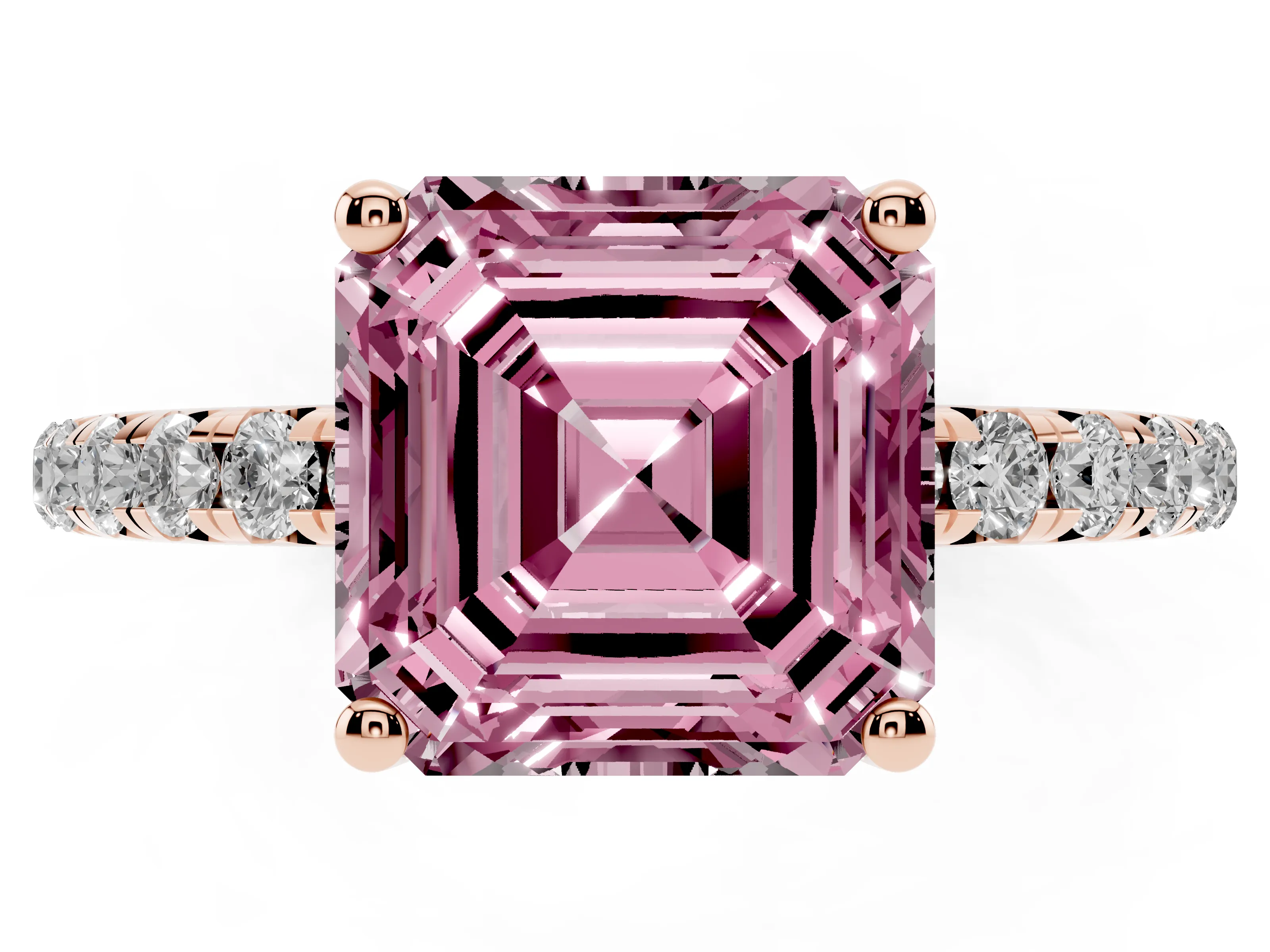 Fancy Pink Asscher Cut Diamond Solitaire Ring Set in Rose gold with Micro Pavé Band and Prong Setting