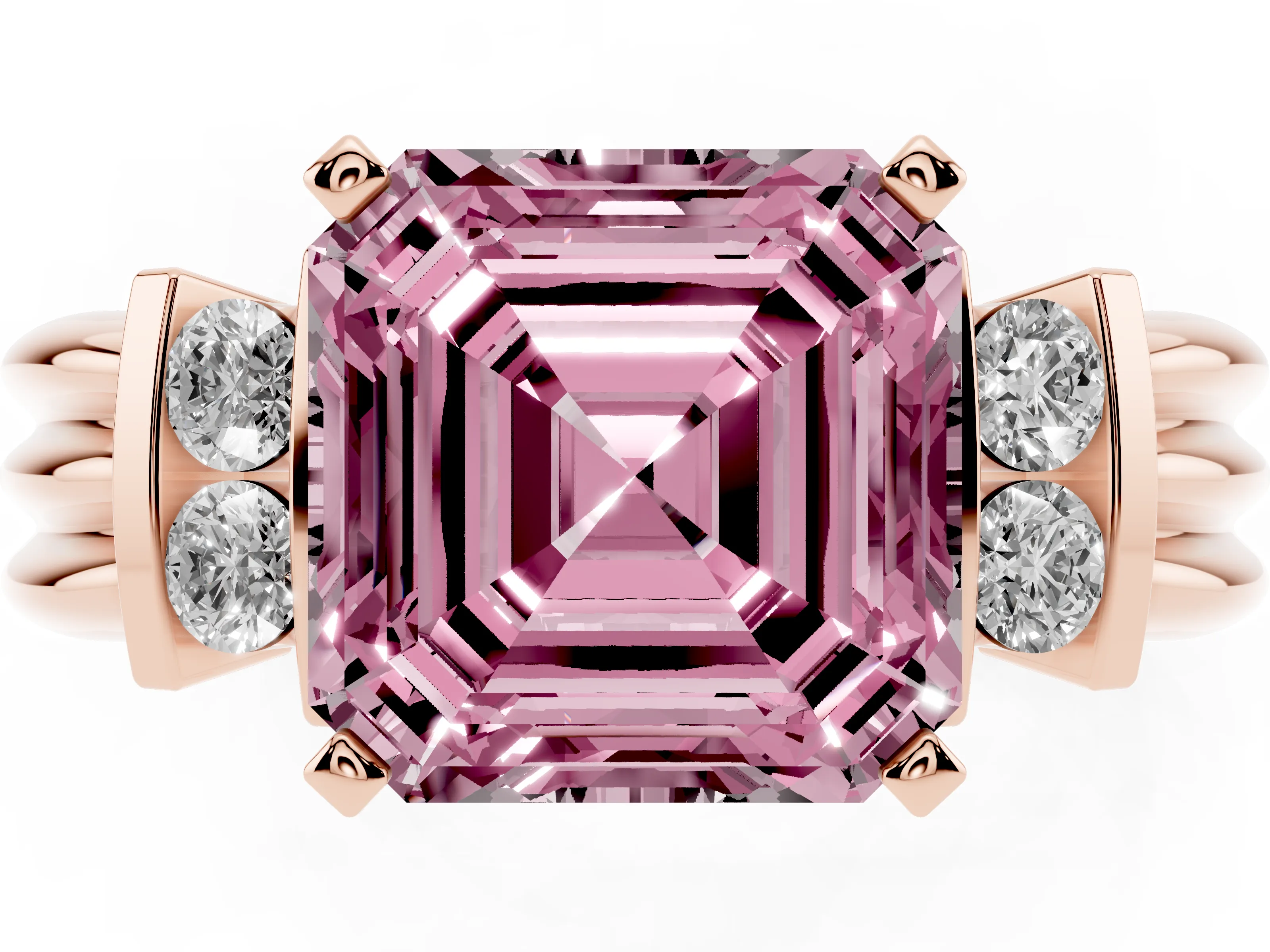 Fancy Pink Three-Stone Asscher Cut Diamond Channel Set Ring Set in Rose gold with Bar Prongs