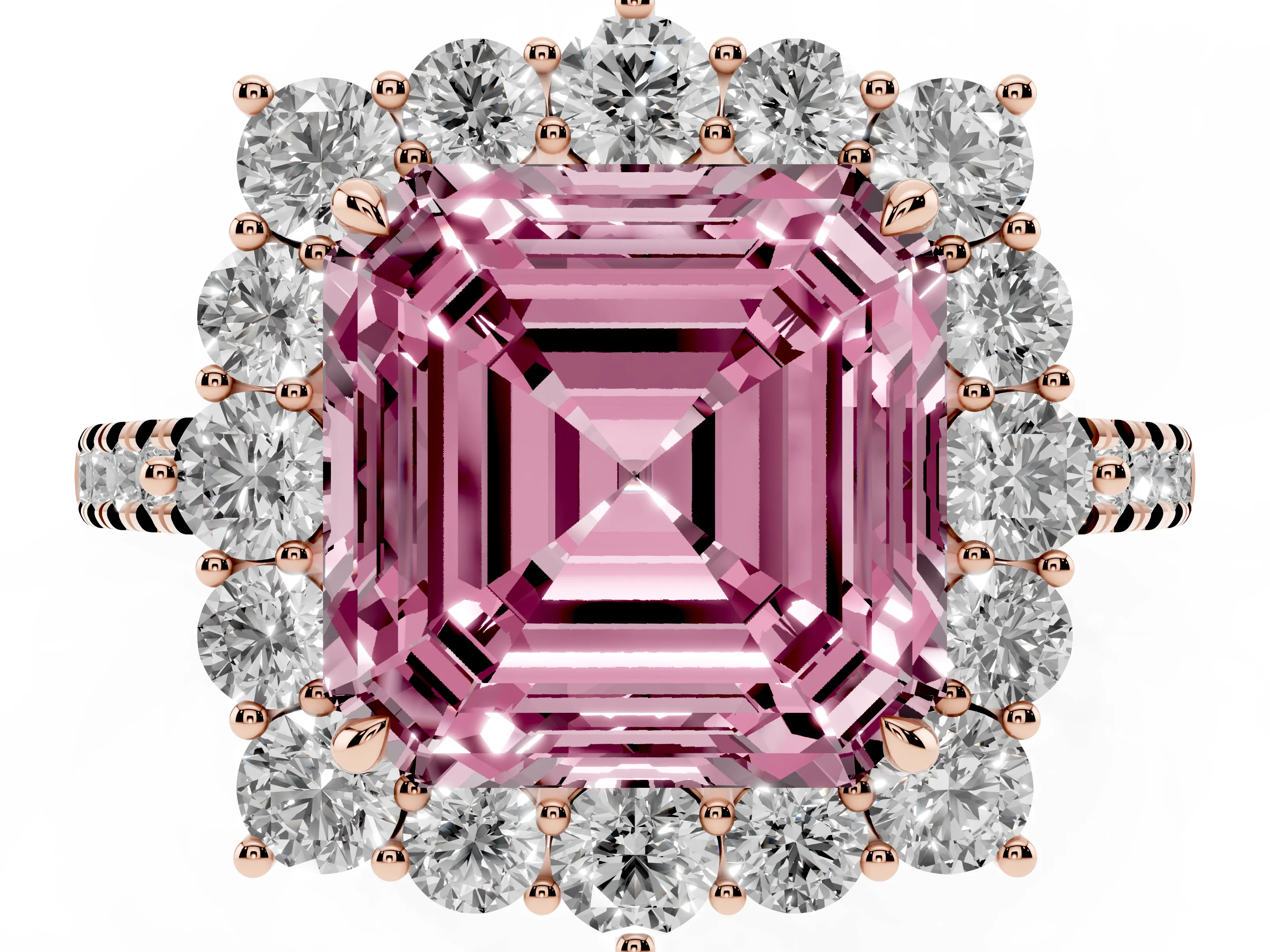 Fancy Pink Asscher Cut Diamond Halo Ring Set in Rose gold with Pavé Band and Prong Setting