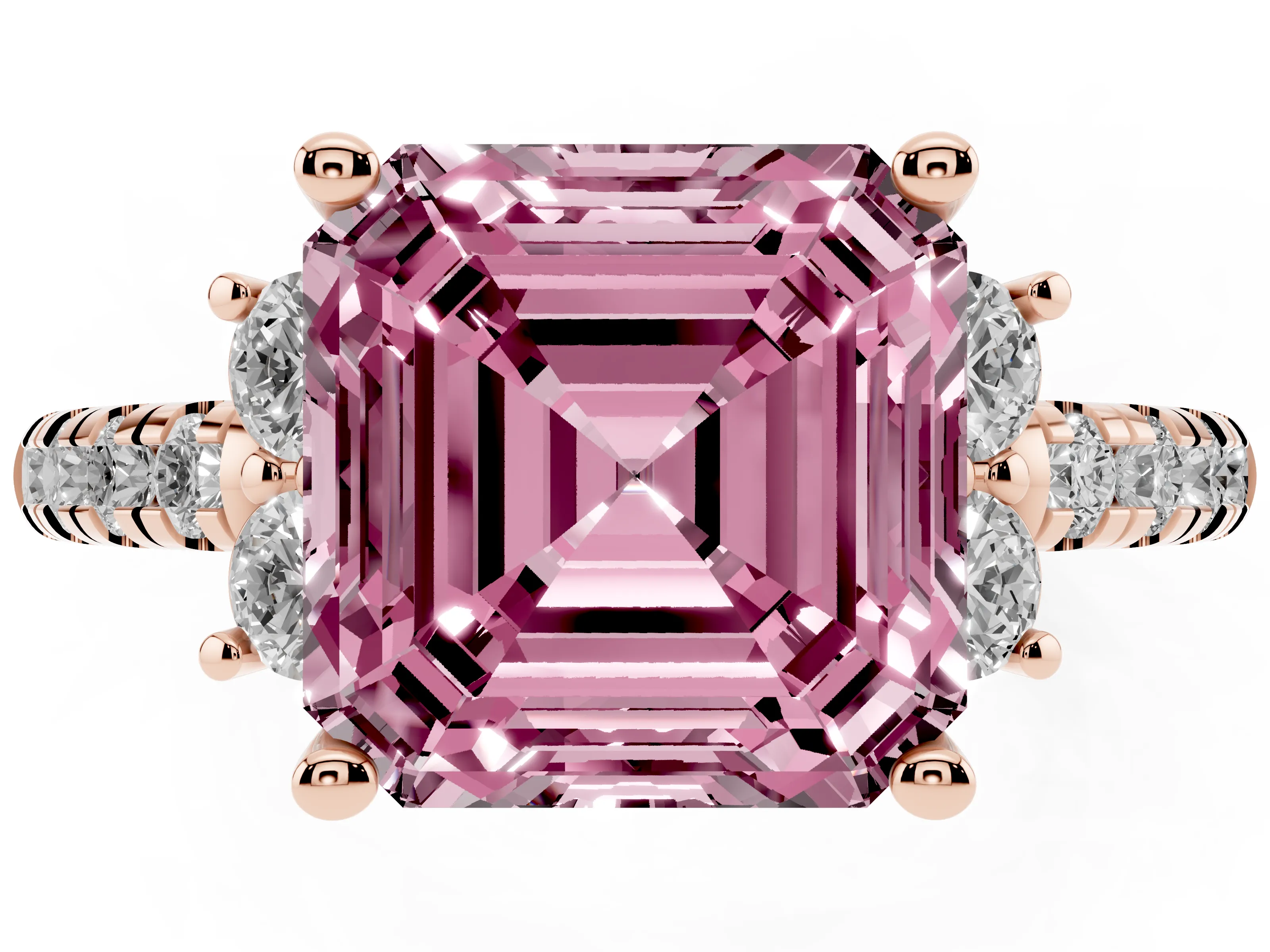 Fancy Pink Asscher Cut Diamond Three-Stone Pavé Ring Set in Rose gold with Prong Setting