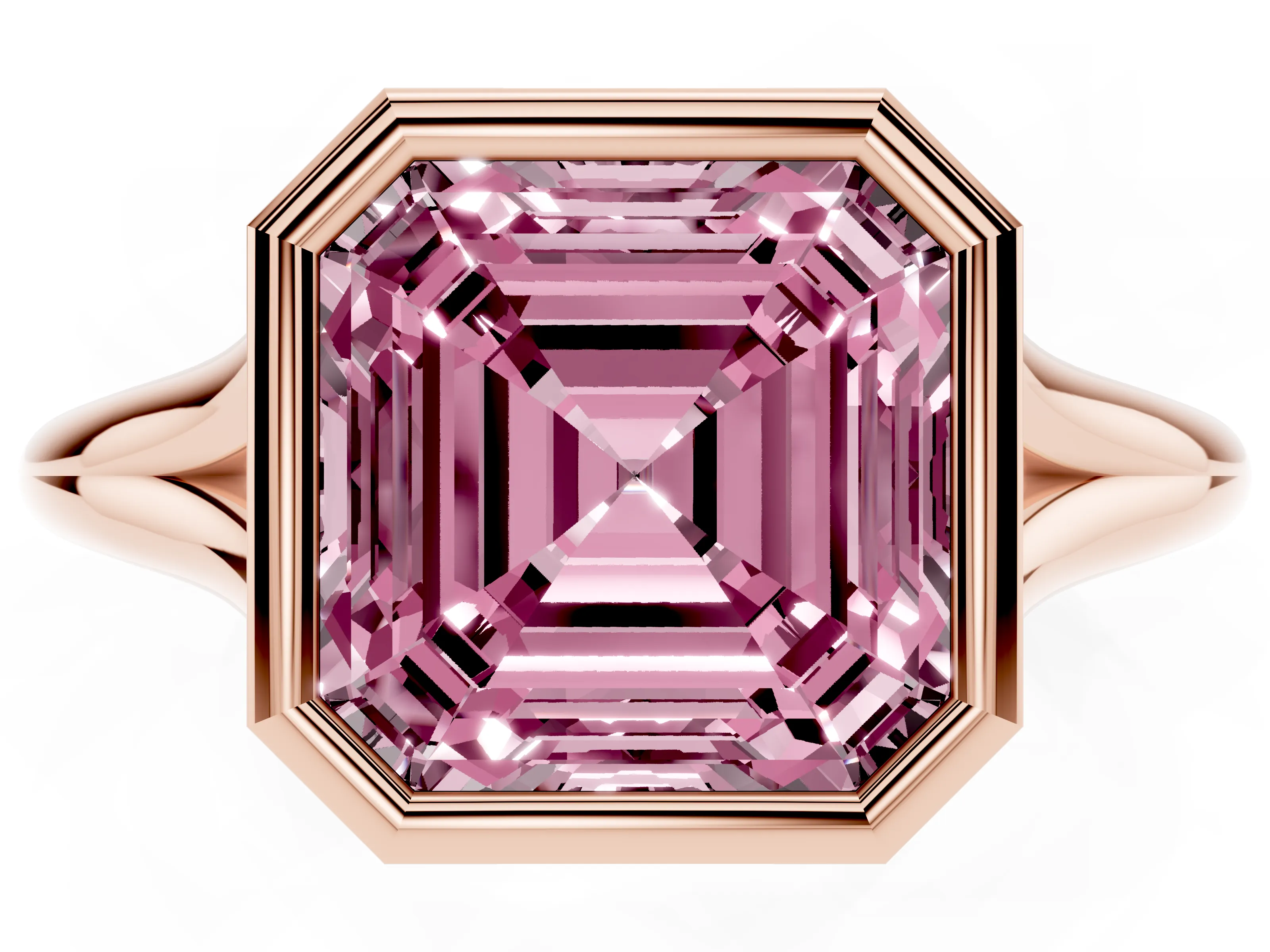 Fancy Pink Bezel Set Asscher Cut Diamond Solitaire Ring Set in Rose gold with Tapered Band