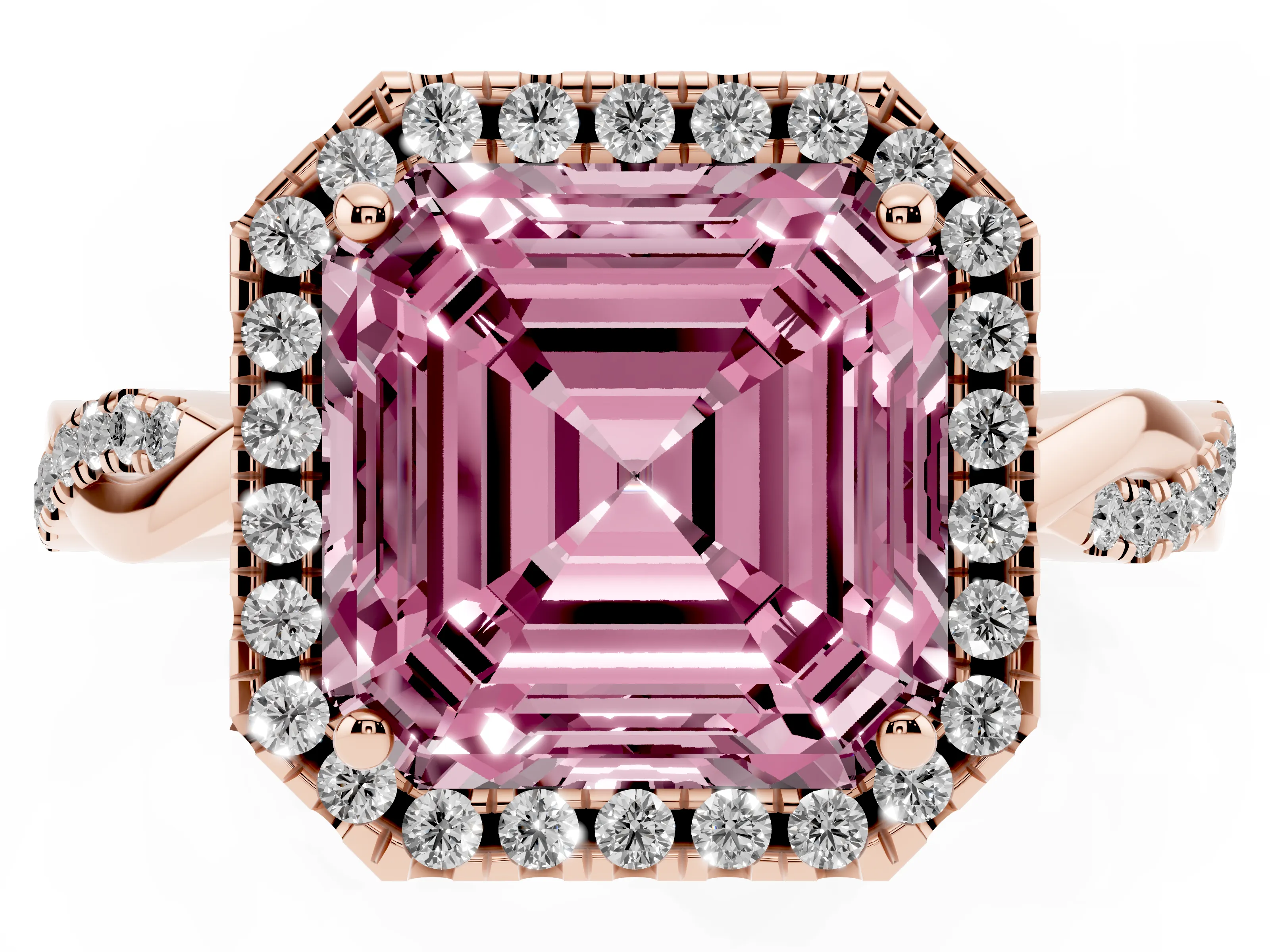 Fancy Pink Asscher Cut Diamond Halo Twisted Band Ring Set in Rose gold with Prong Setting