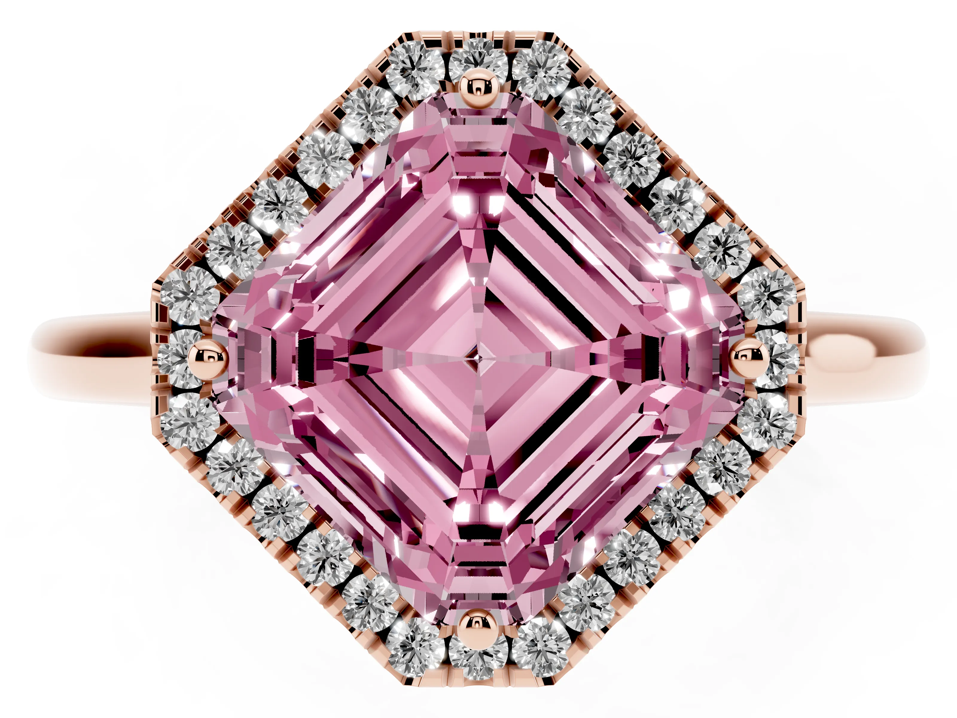 Fancy Pink Asscher Cut Diamond Halo Engagement Ring Set in Rose gold with Pavé Band and Rising Shoulders