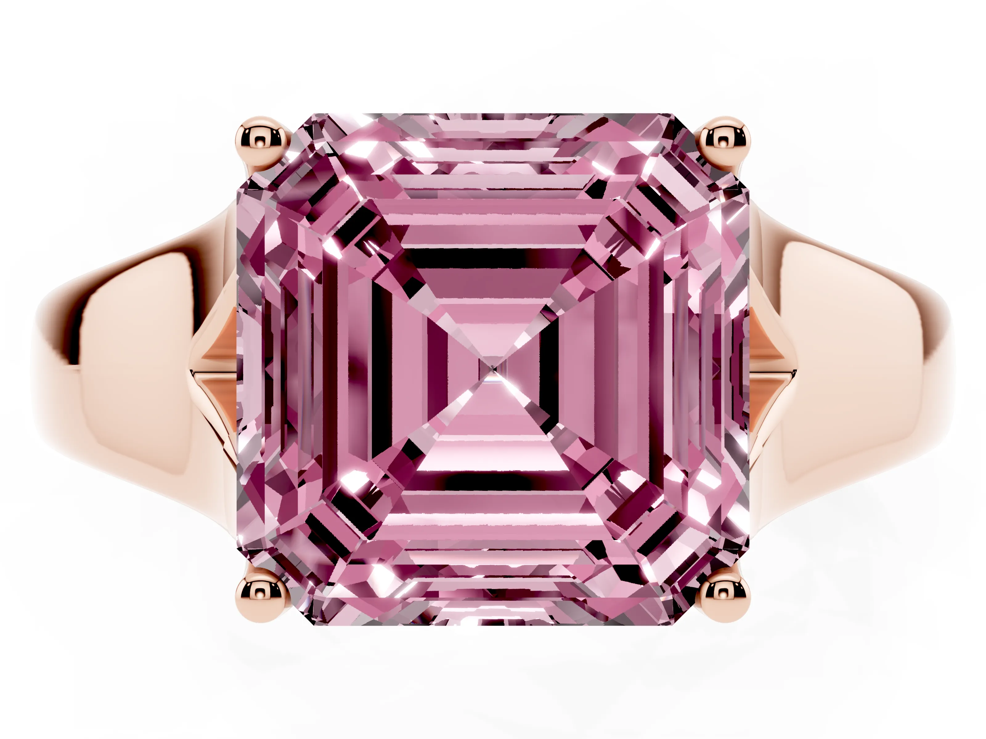 Fancy Pink Asscher Cut Diamond Solitaire Ring Set in Rose gold with Arched Cathedral Band and Prong Setting