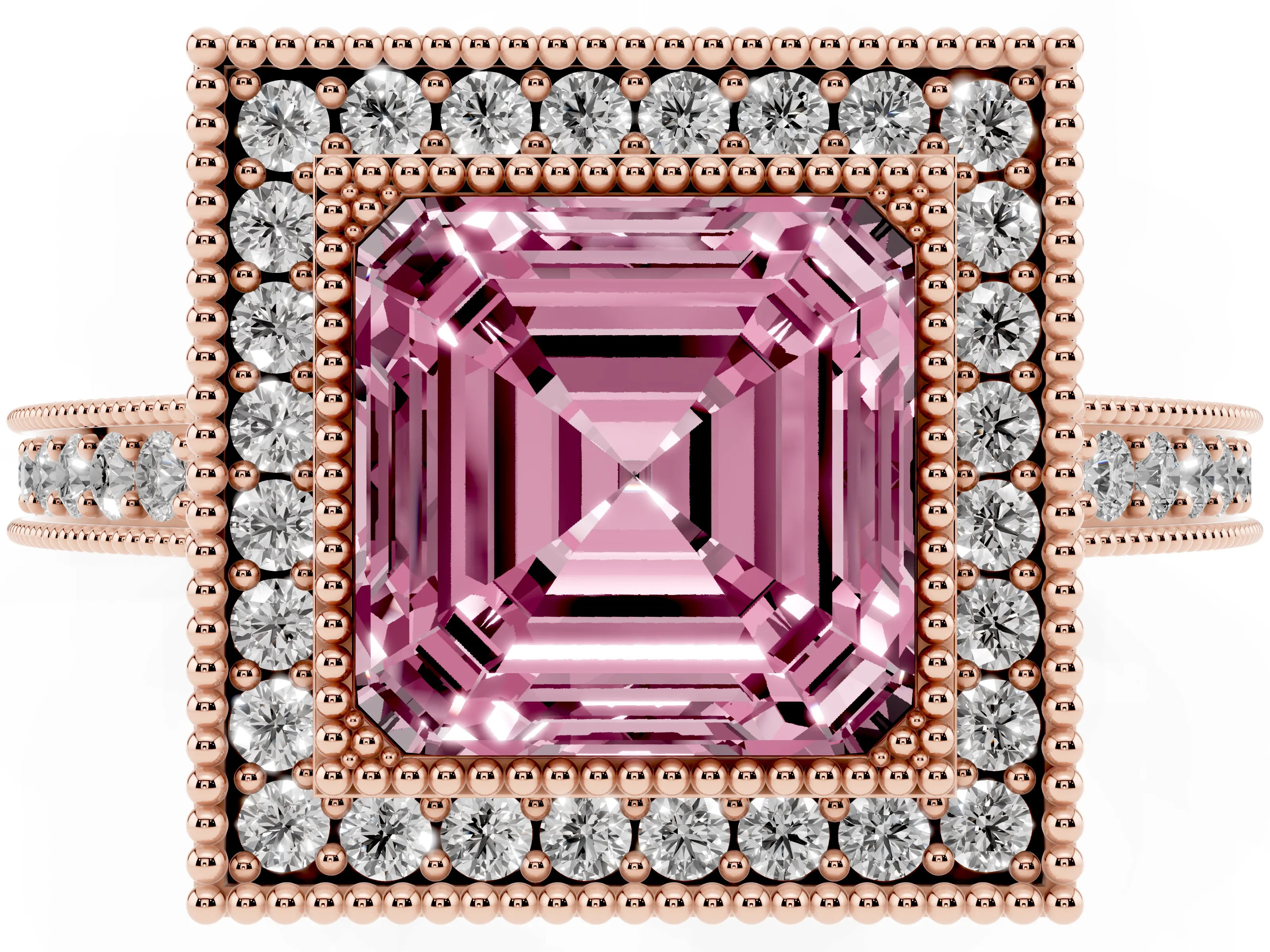 Fancy Pink Asscher Cut Diamond Round Halo Ring Set in Rose gold with Pavé Band