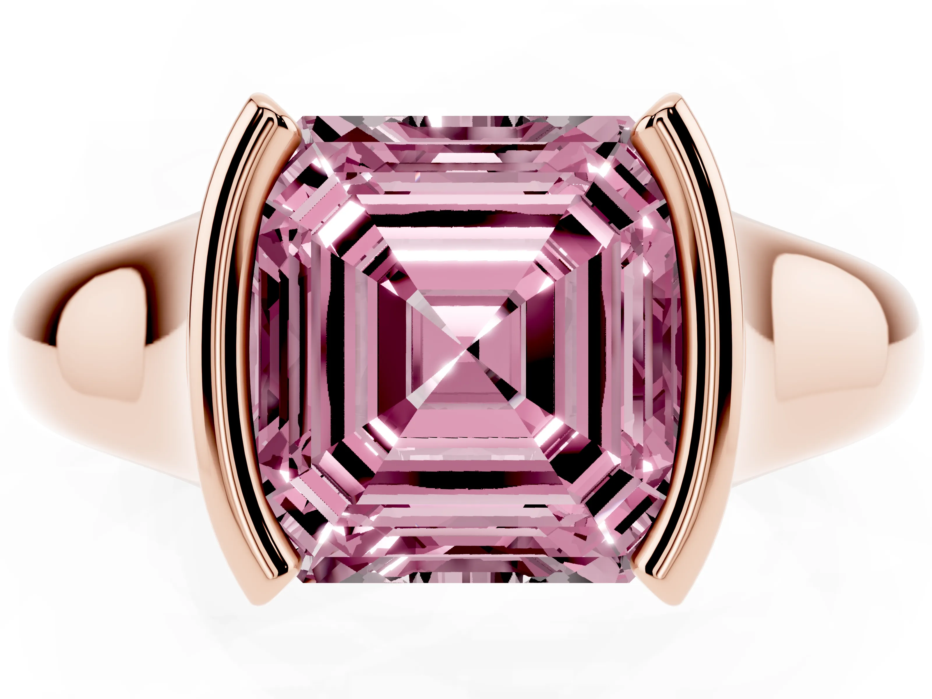 Fancy Pink Asscher Cut Diamond Solitaire Tension Set Ring Set in Rose gold with Split Shank Band