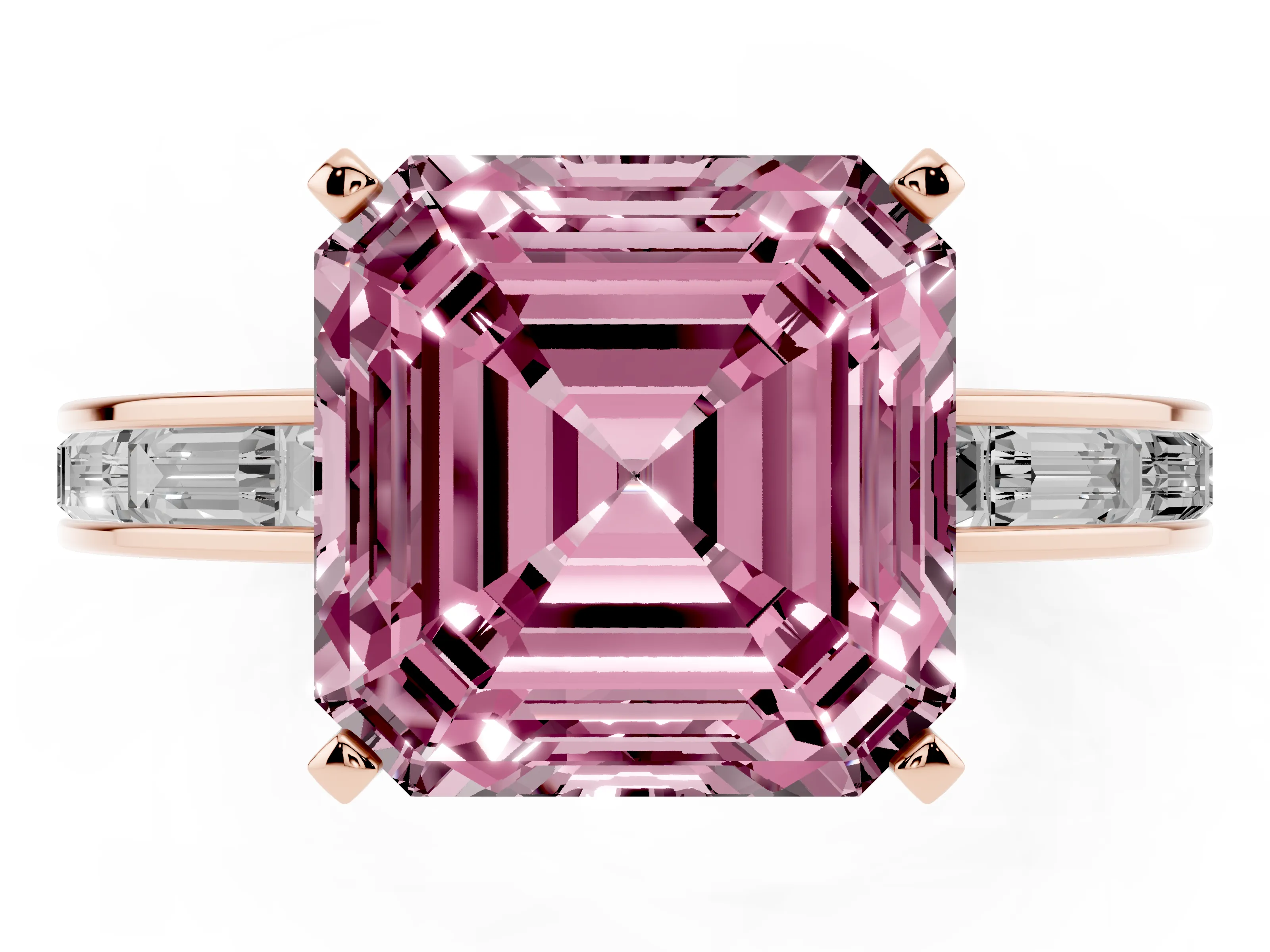 Fancy Pink Asscher Cut Diamond Solitaire Ring Set in Rose gold with Channel-Set Baguette Band and Prong Setting