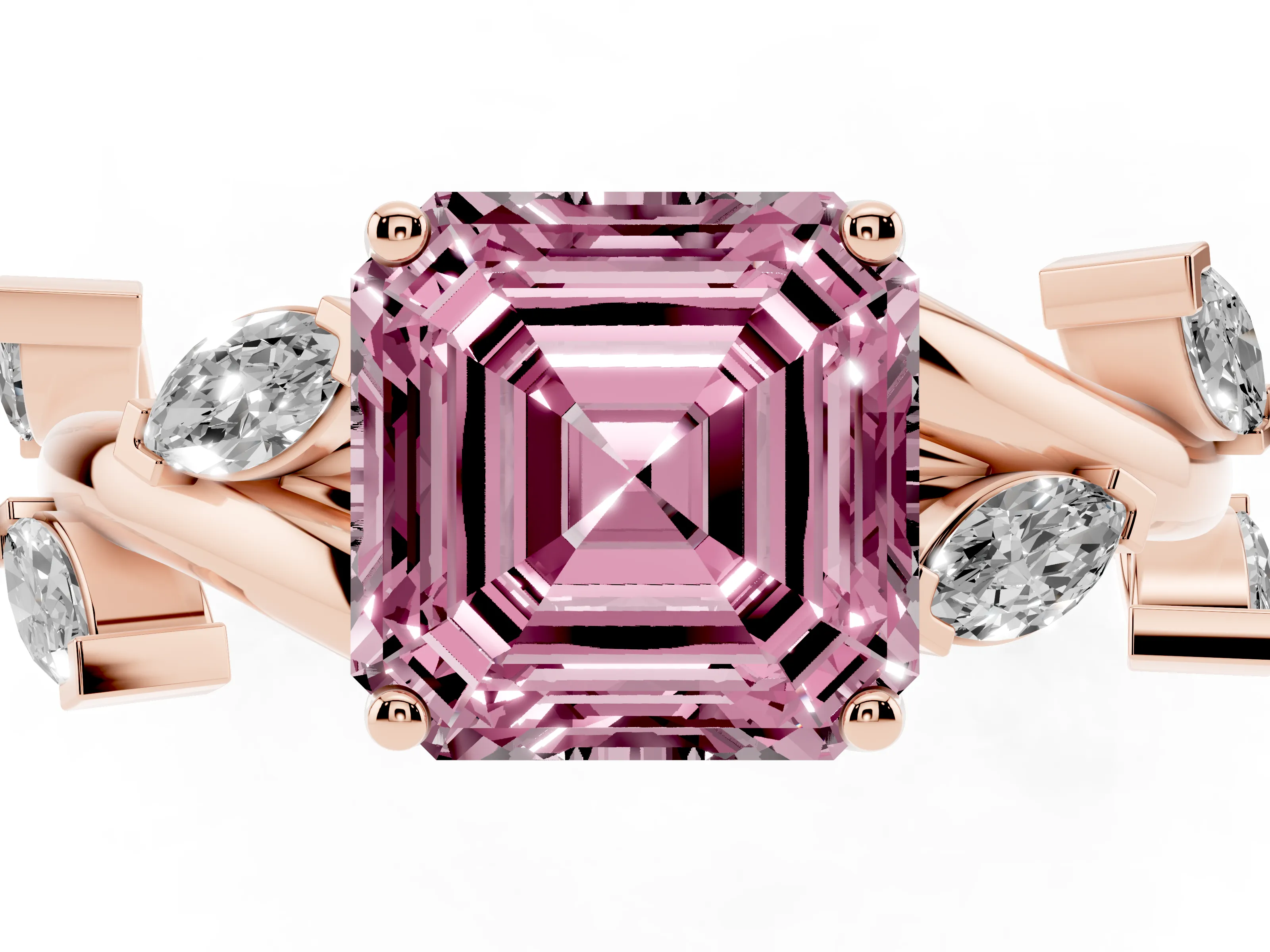 Fancy Pink Asscher Cut Diamond Solitaire Ring Set in Rose gold with Twisted Marquise Accent Band