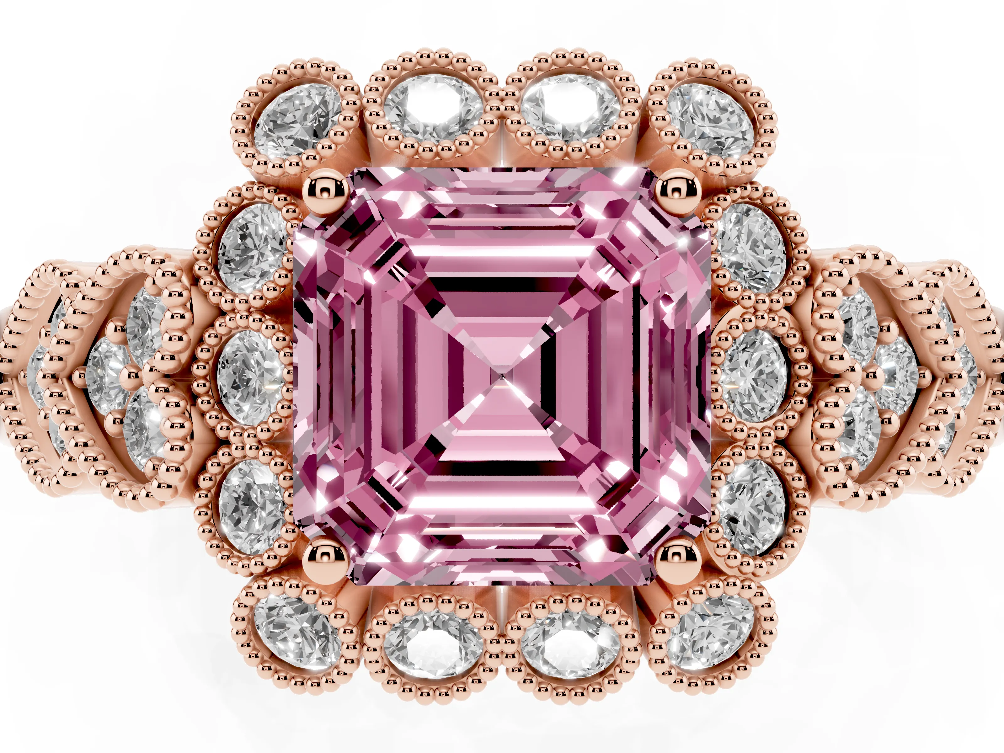 Fancy Pink Asscher Cut Diamond Solitaire Ring Set in Rose gold with Milgrain Pavé Heart Band