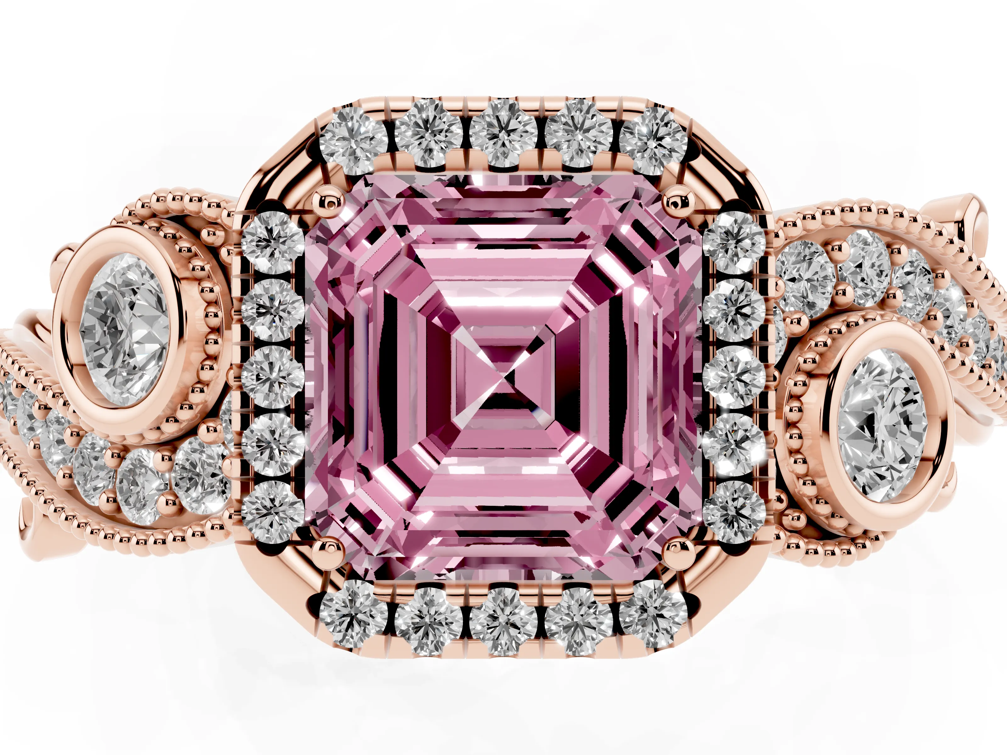 Fancy Pink Asscher Cut Diamond Halo Ring Set in Rose gold with Milgrain Pavé Band and Prong Setting