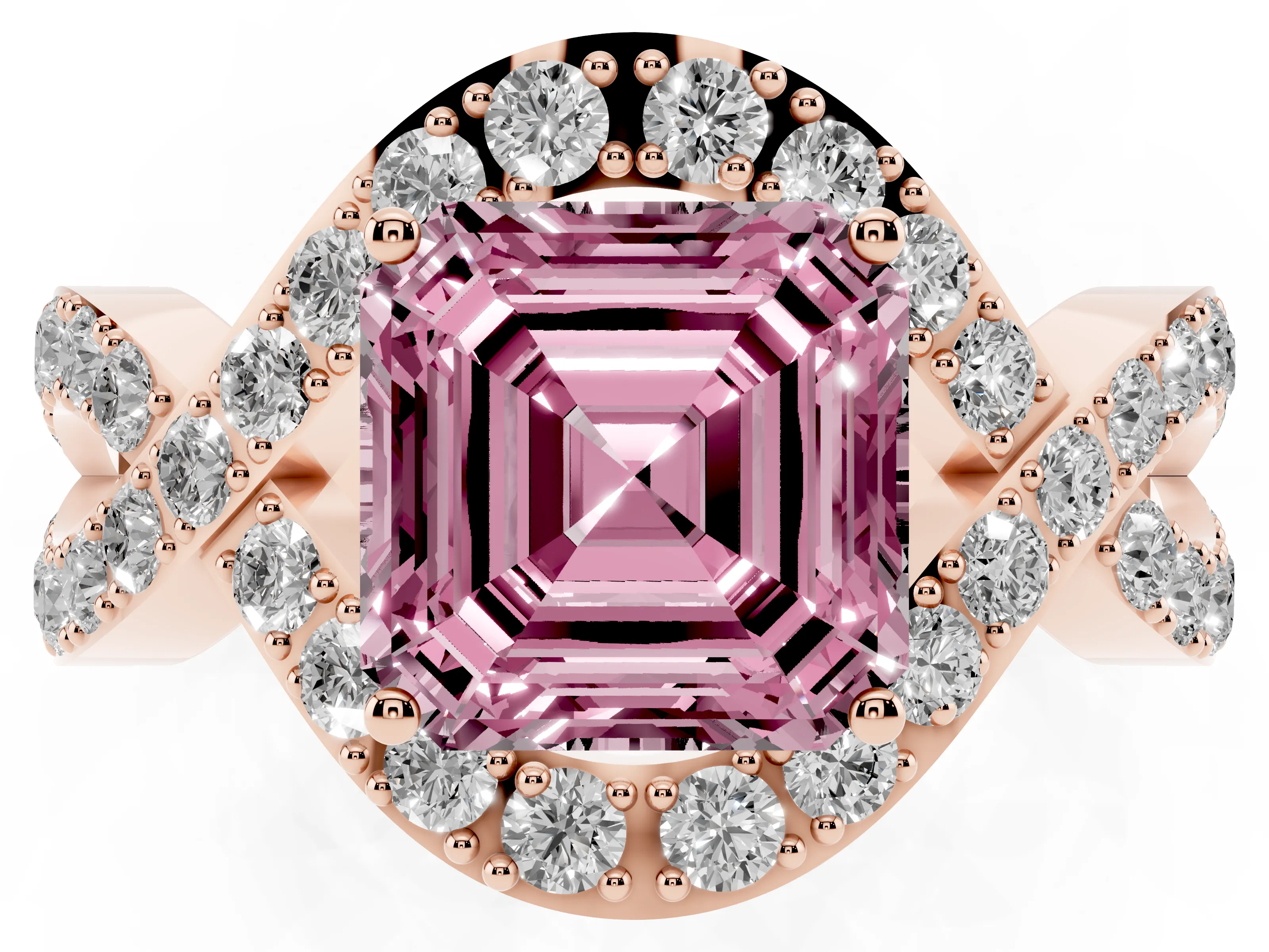 Fancy Pink Asscher Cut Diamond Solitaire Twist Band Pavé Engagement Ring Set in Rose gold
