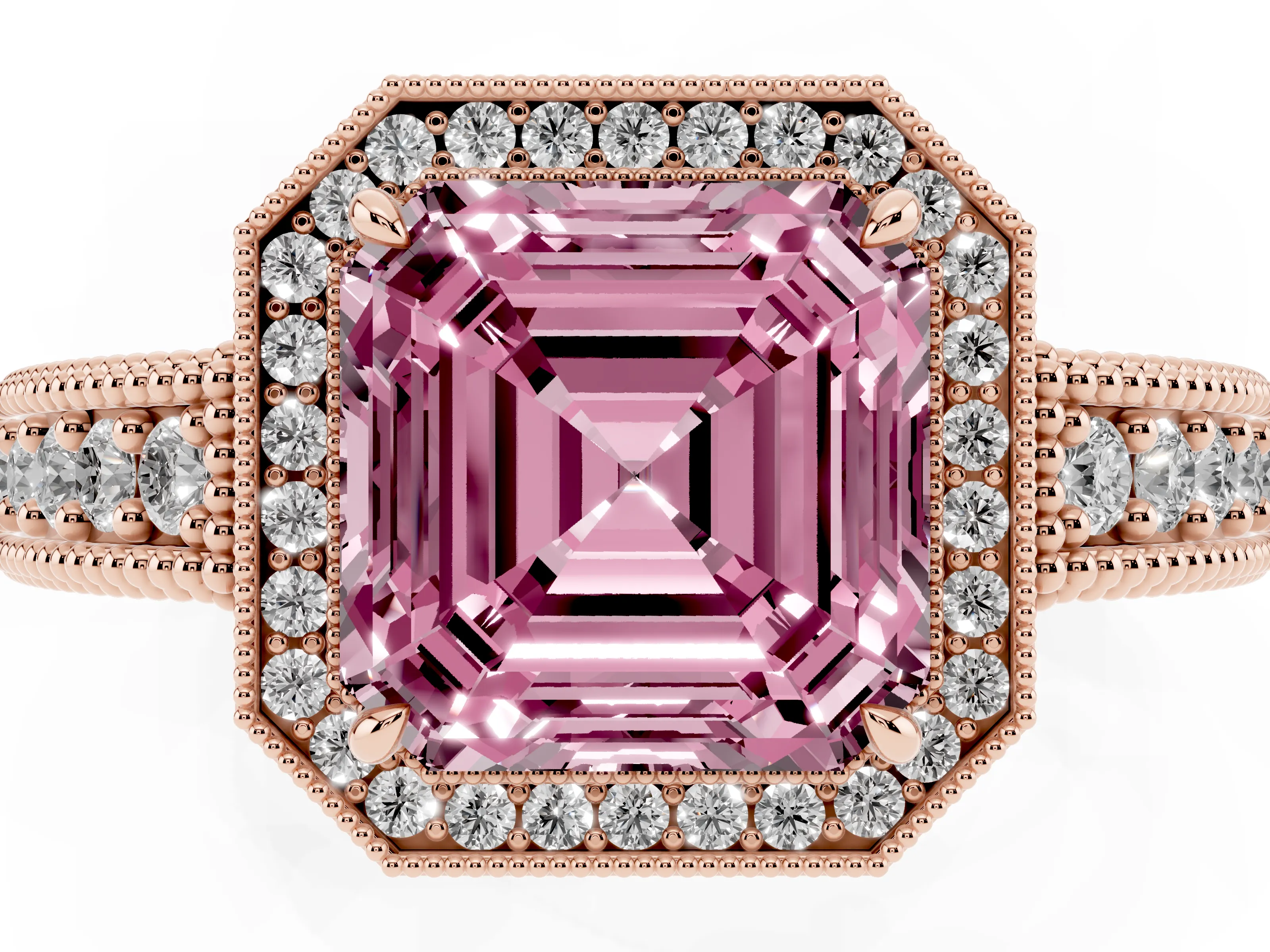 Fancy Pink Asscher Cut Diamond Halo Ring Set in Rose gold with Round Accent Halo, Pavé Band and Prong Setting