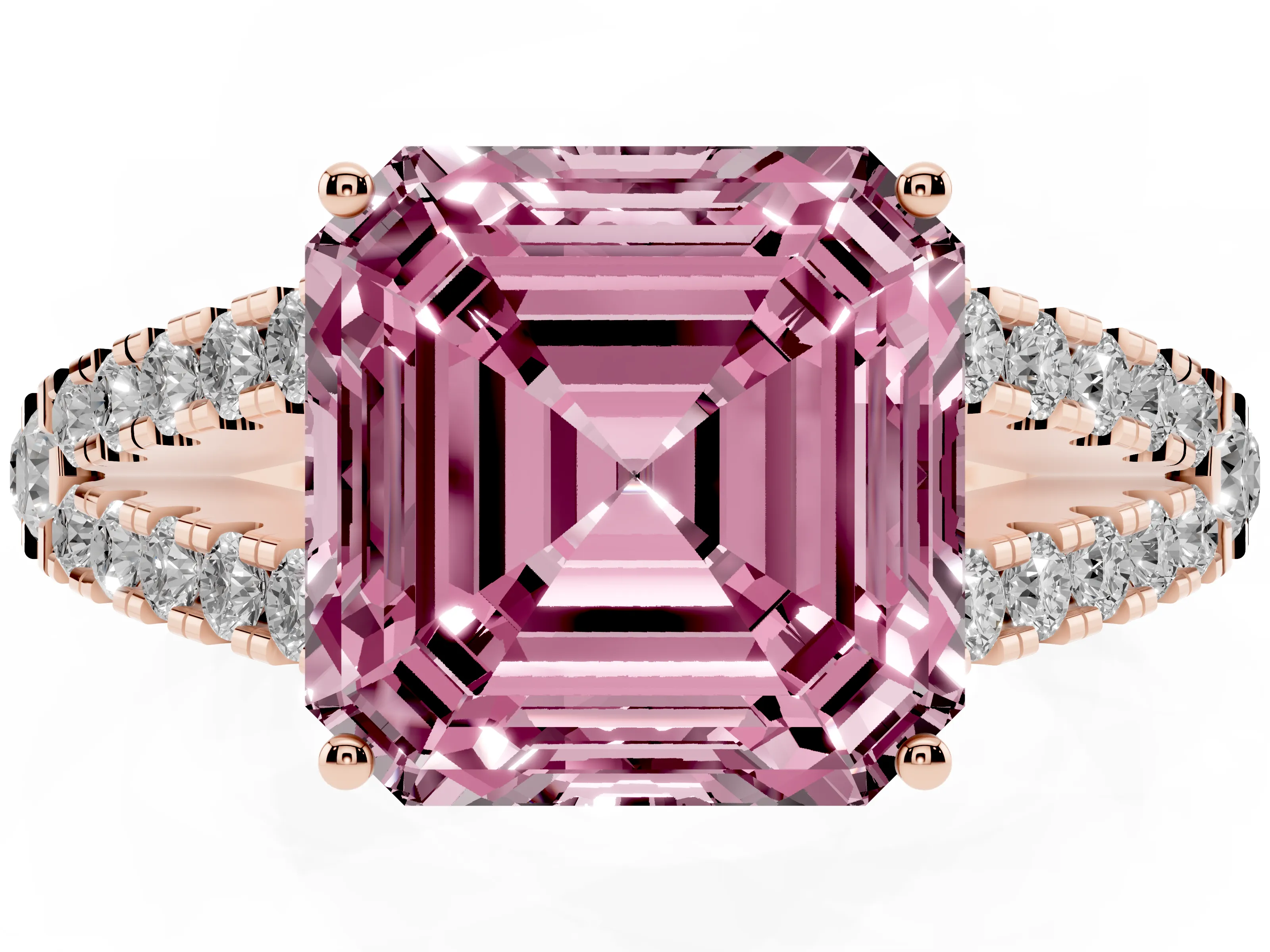 Fancy Pink Asscher Cut Diamond Split Shank Engagement Ring Set in Rose gold with Round Pavé and Prong Setting