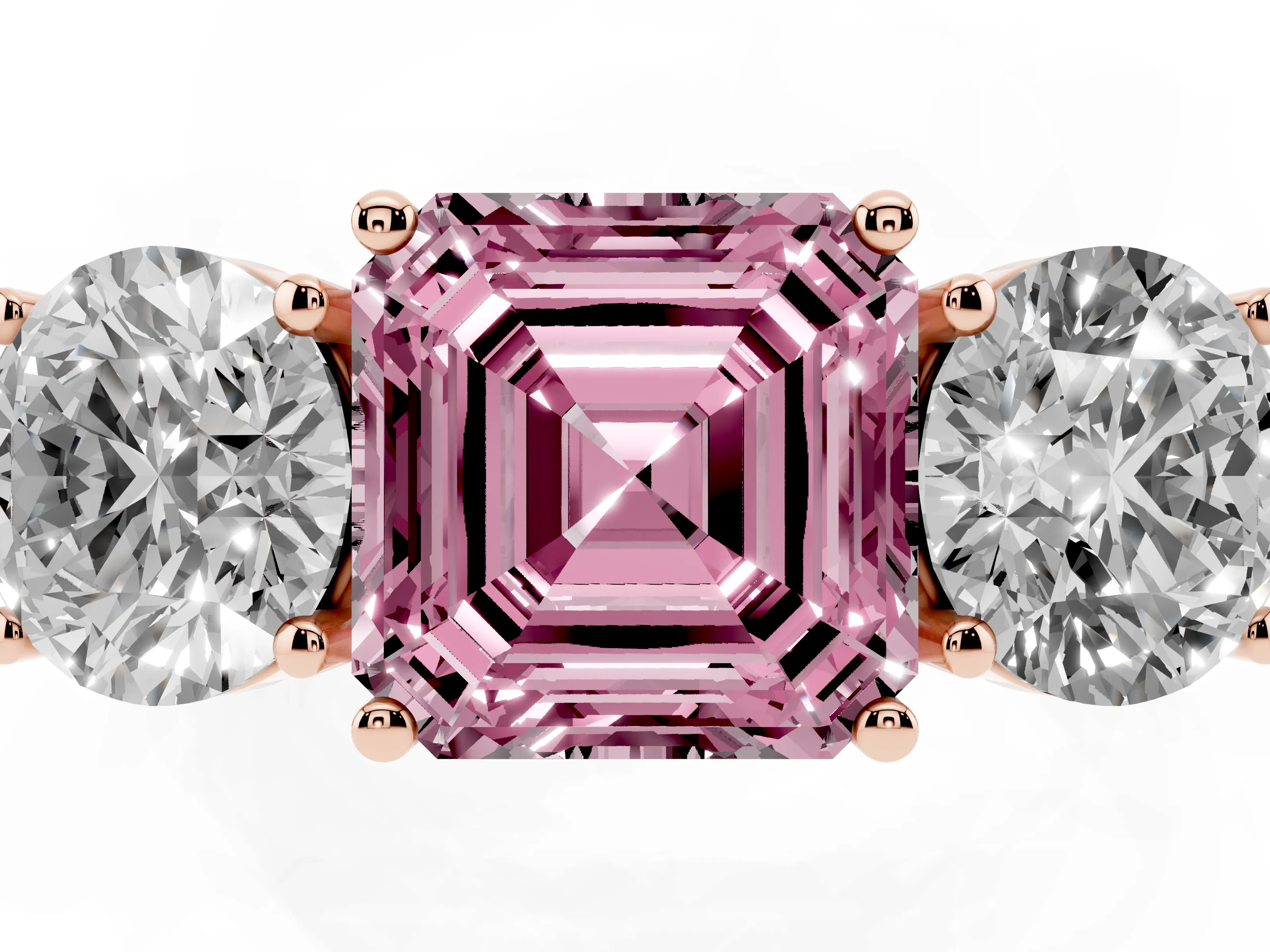 Fancy Pink Asscher Cut Diamond Three-Stone Ring Set in Rose gold with Channel-Set Accent Band