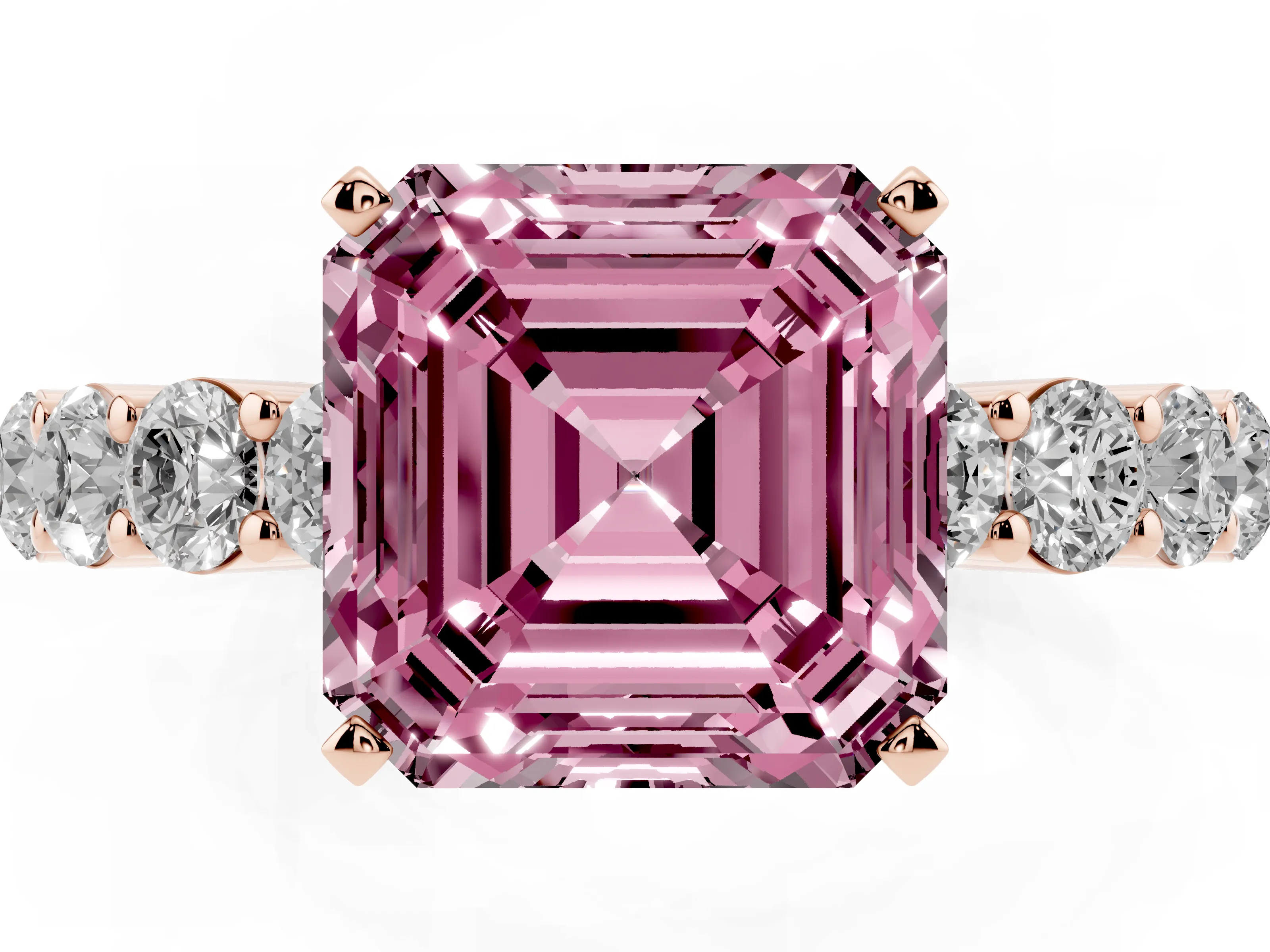 Fancy Pink Asscher Cut Diamond Solitaire Ring Set in Rose gold with Shared Prong Round Side Stones