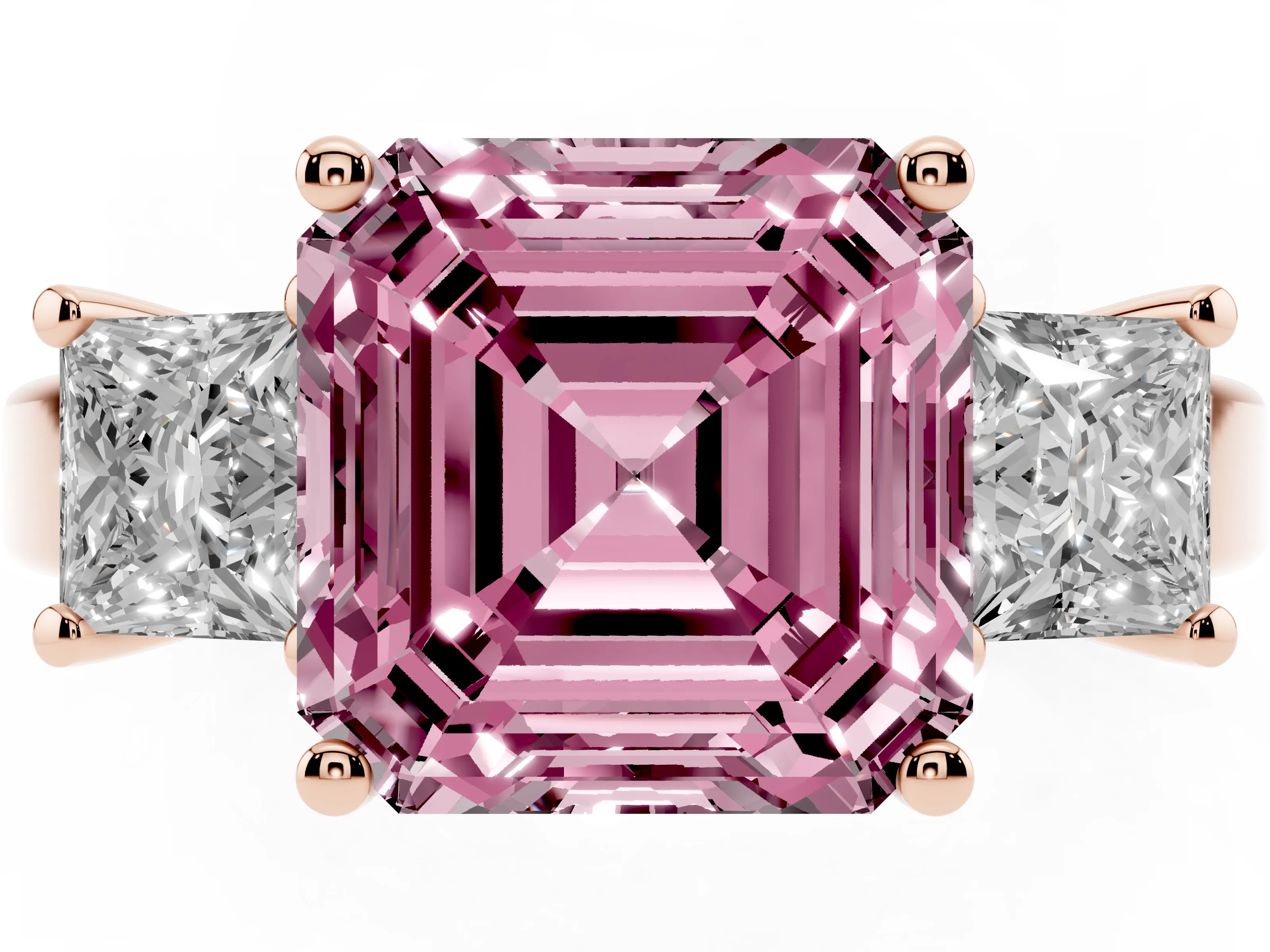 Fancy Pink Three-Stone Asscher Cut Diamond Solitaire Ring Set in Rose gold with Prong Setting