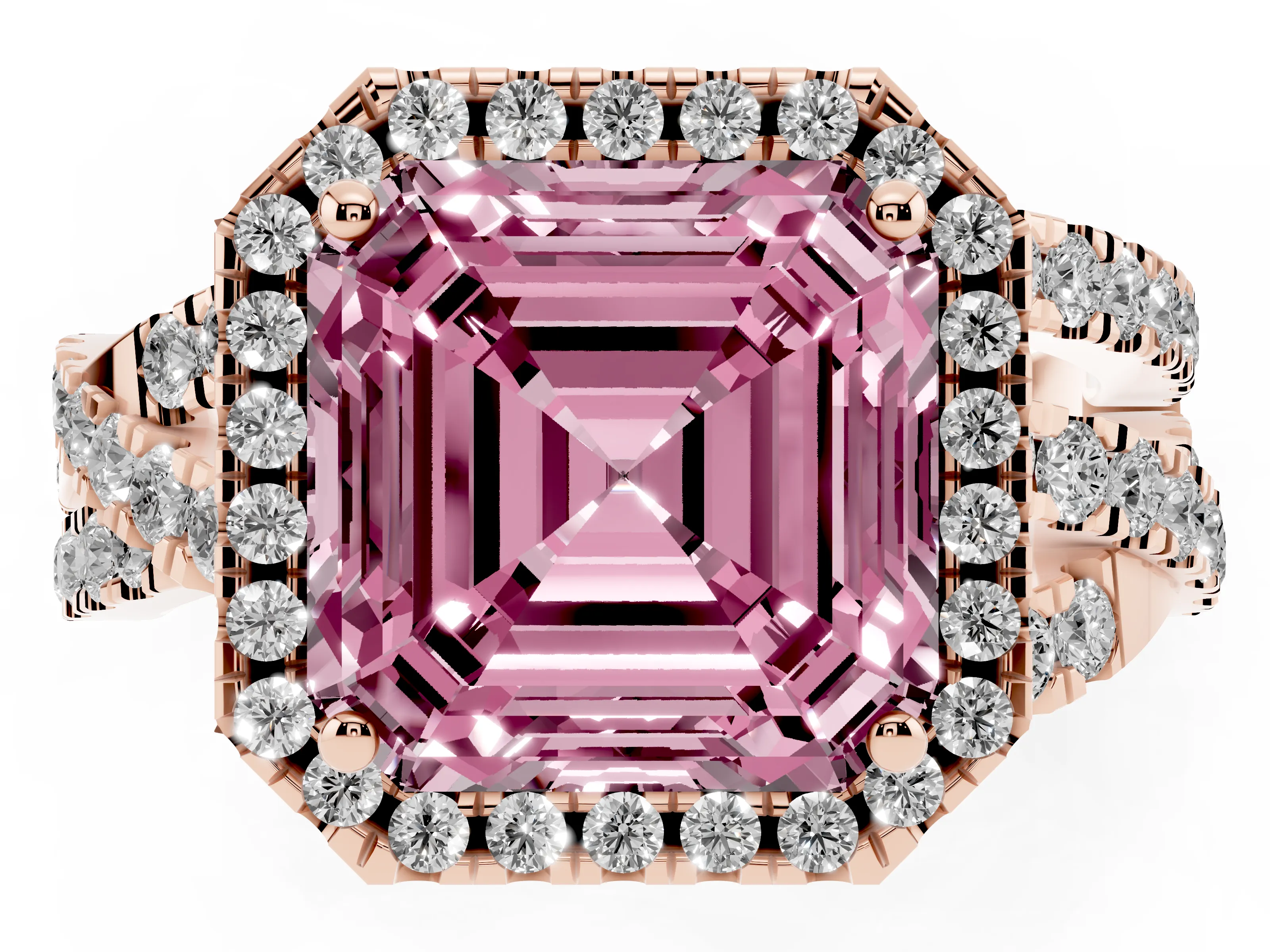 Fancy Pink Asscher Cut Diamond Halo Ring Set in Rose gold with Round Crossover Split Shank and Prong Setting