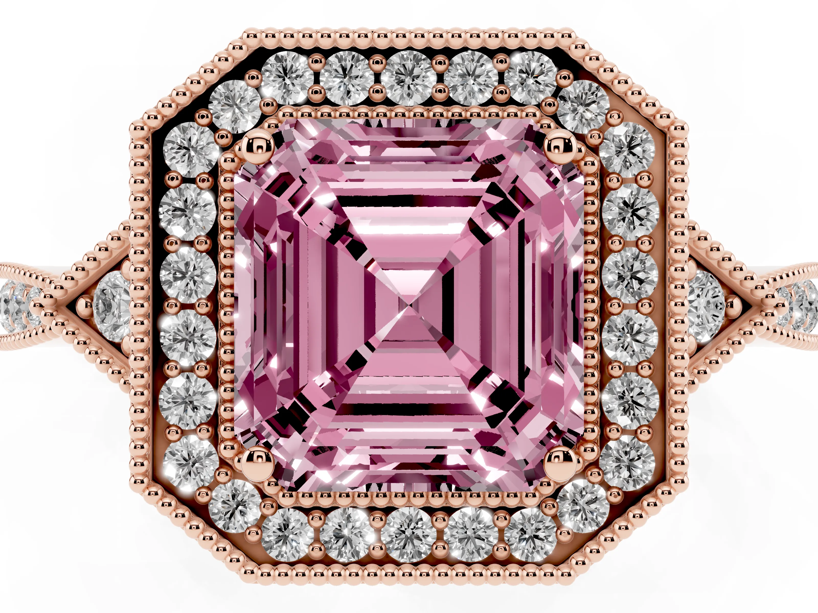 Fancy Pink Asscher Cut Diamond Halo Engagement Ring Set in Rose gold with Milgrain Pavé Band
