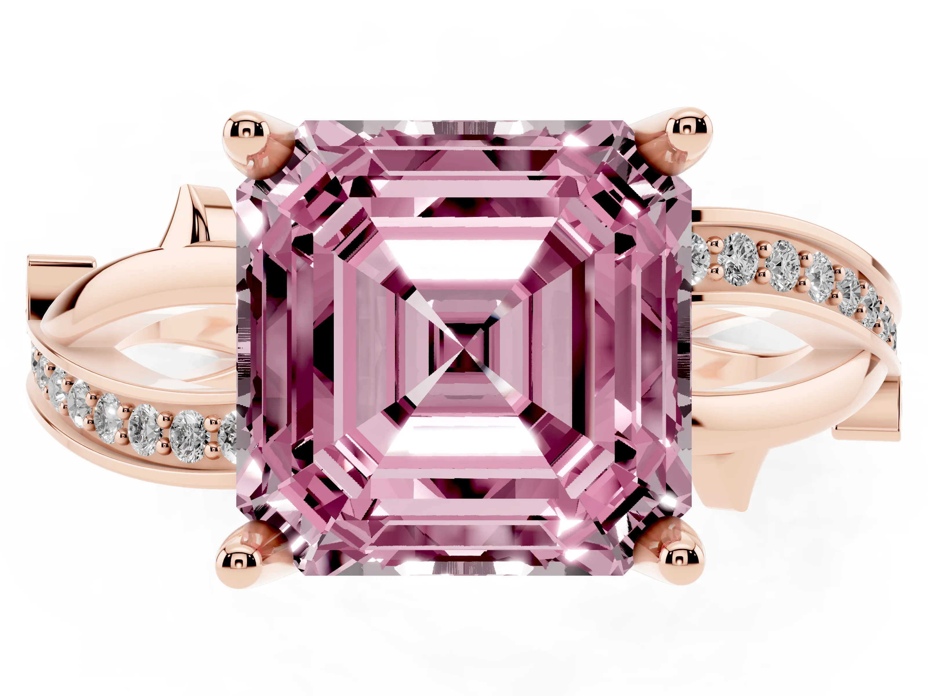 Fancy Pink Asscher Cut Diamond Pavé Twist Band Solitaire Ring Set in Rose gold with Prong Setting