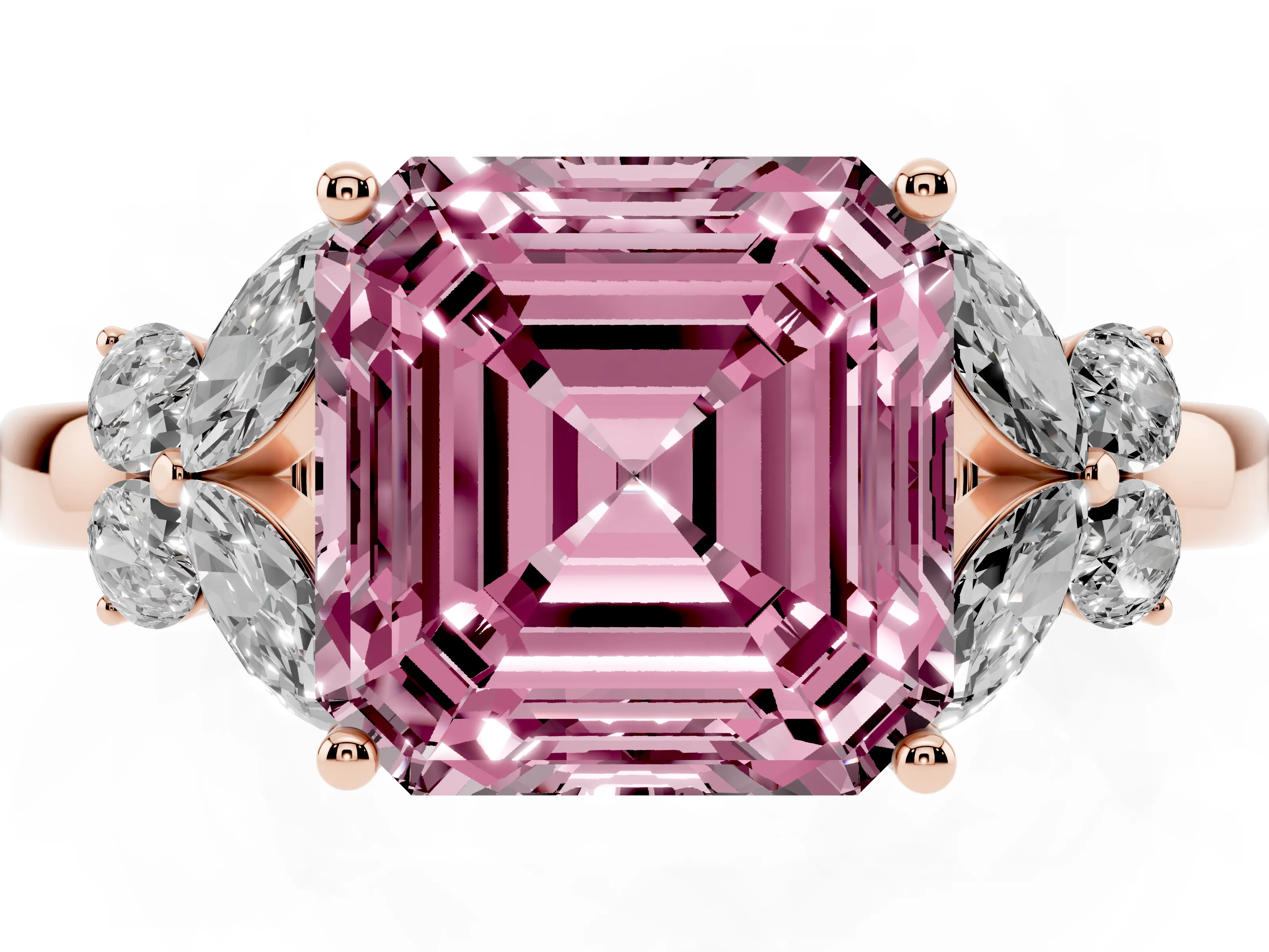 Fancy Pink Asscher Cut Diamond Solitaire Floral Ring Set in Rose gold with Marquise Petals and Prong Setting