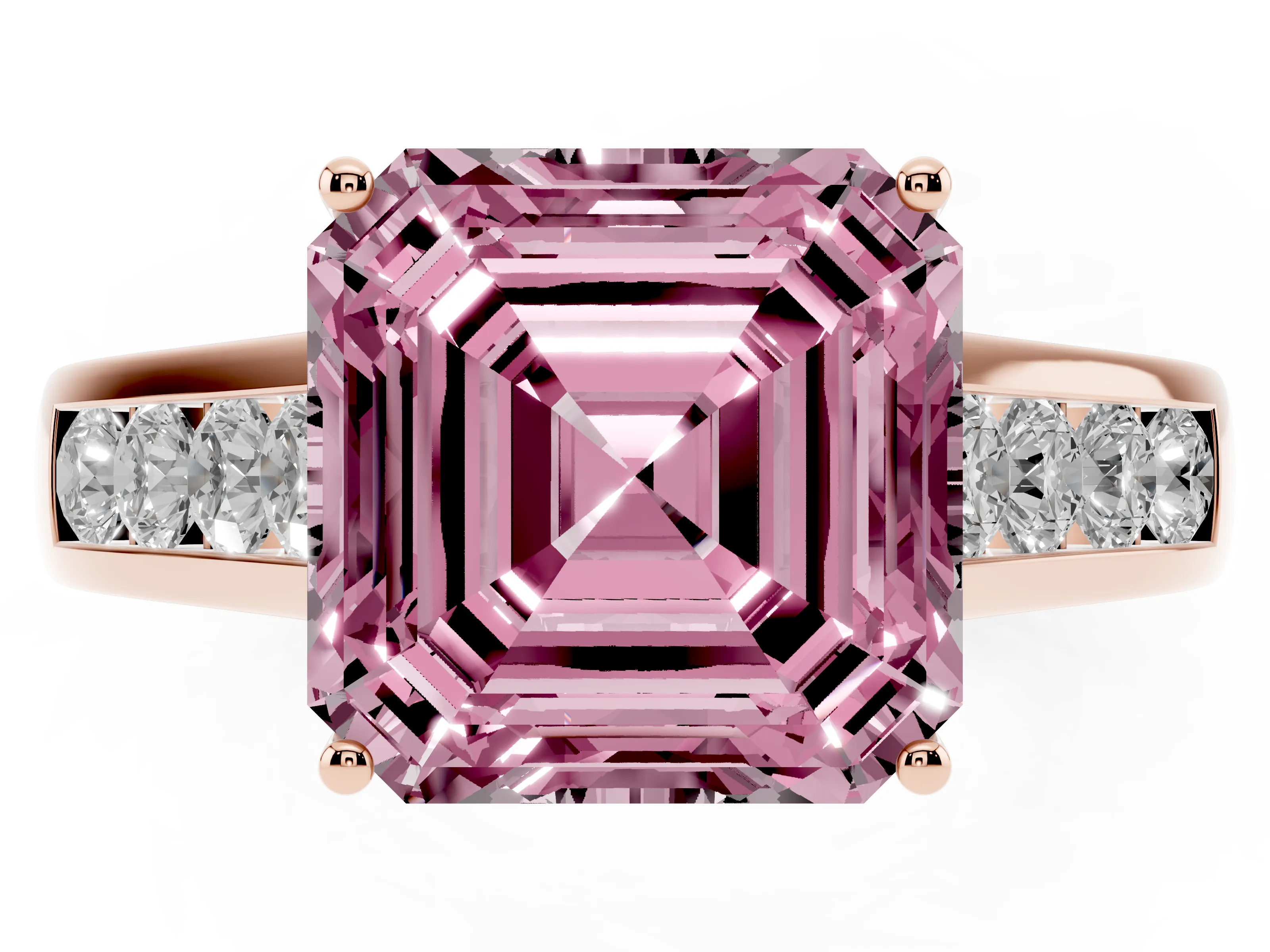 Fancy Pink Asscher Cut Diamond Brilliant Channel-Set Solitaire Ring Set in Rose gold with Prong Setting