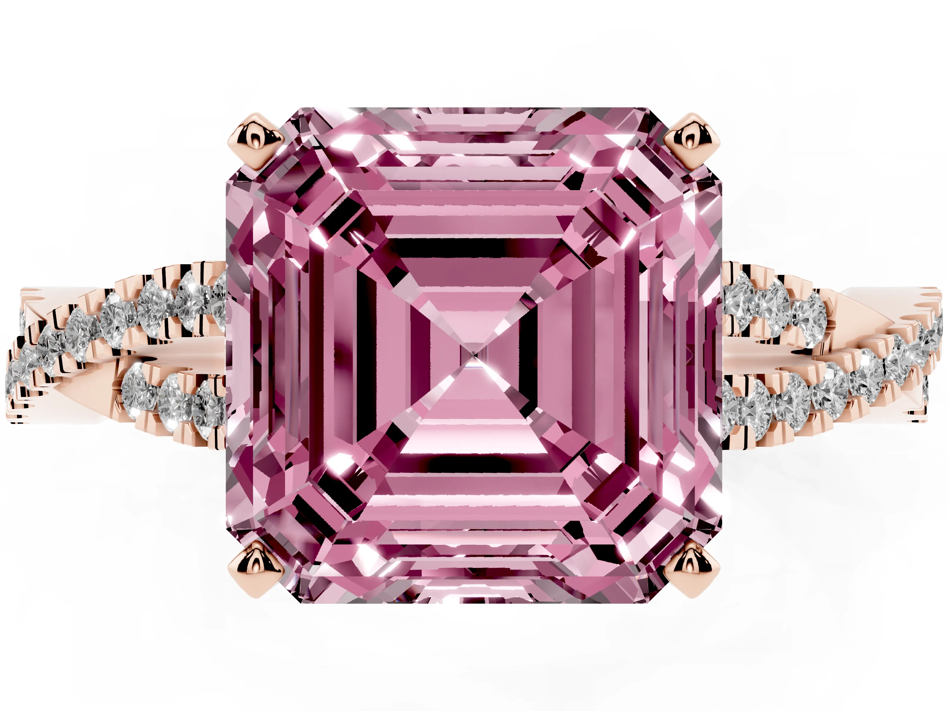 Fancy Pink Asscher Cut Diamond Solitaire Engagement Ring Set in Rose gold with Twisted Pavé Band and Prong Setting