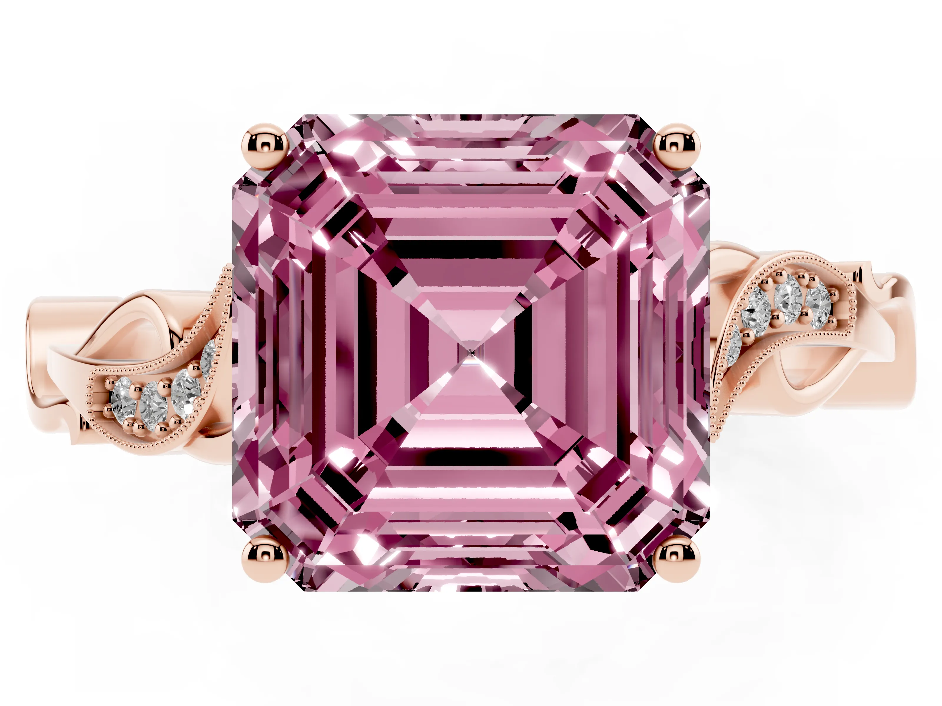 Fancy Pink Asscher Cut Diamond Vine Band Solitaire Ring Set in Rose gold with Milgrain Prong Setting