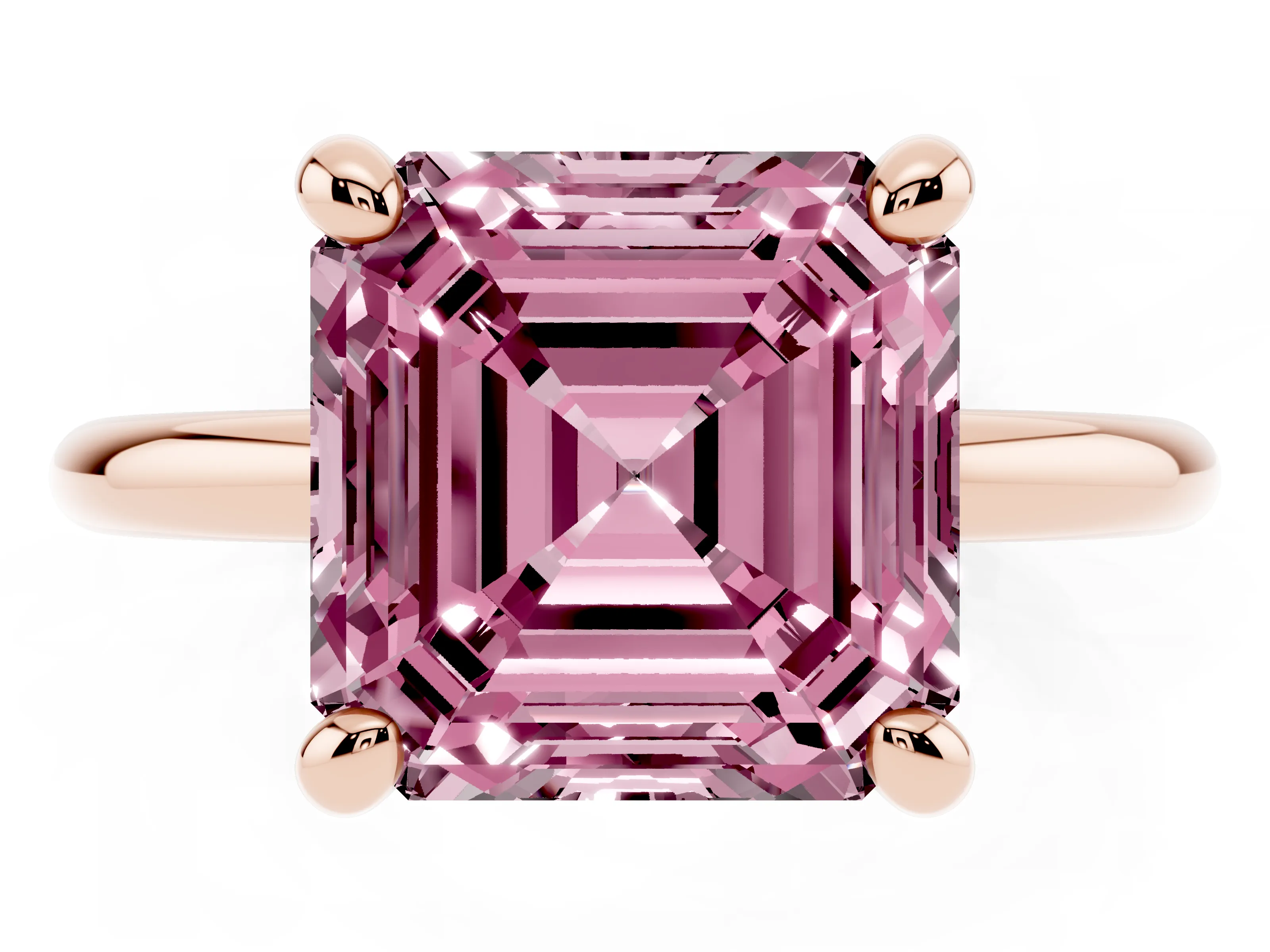 Fancy Pink Asscher Cut Diamond Solitaire Ring Set in Rose gold with Prong Setting on a Polished Plain Band