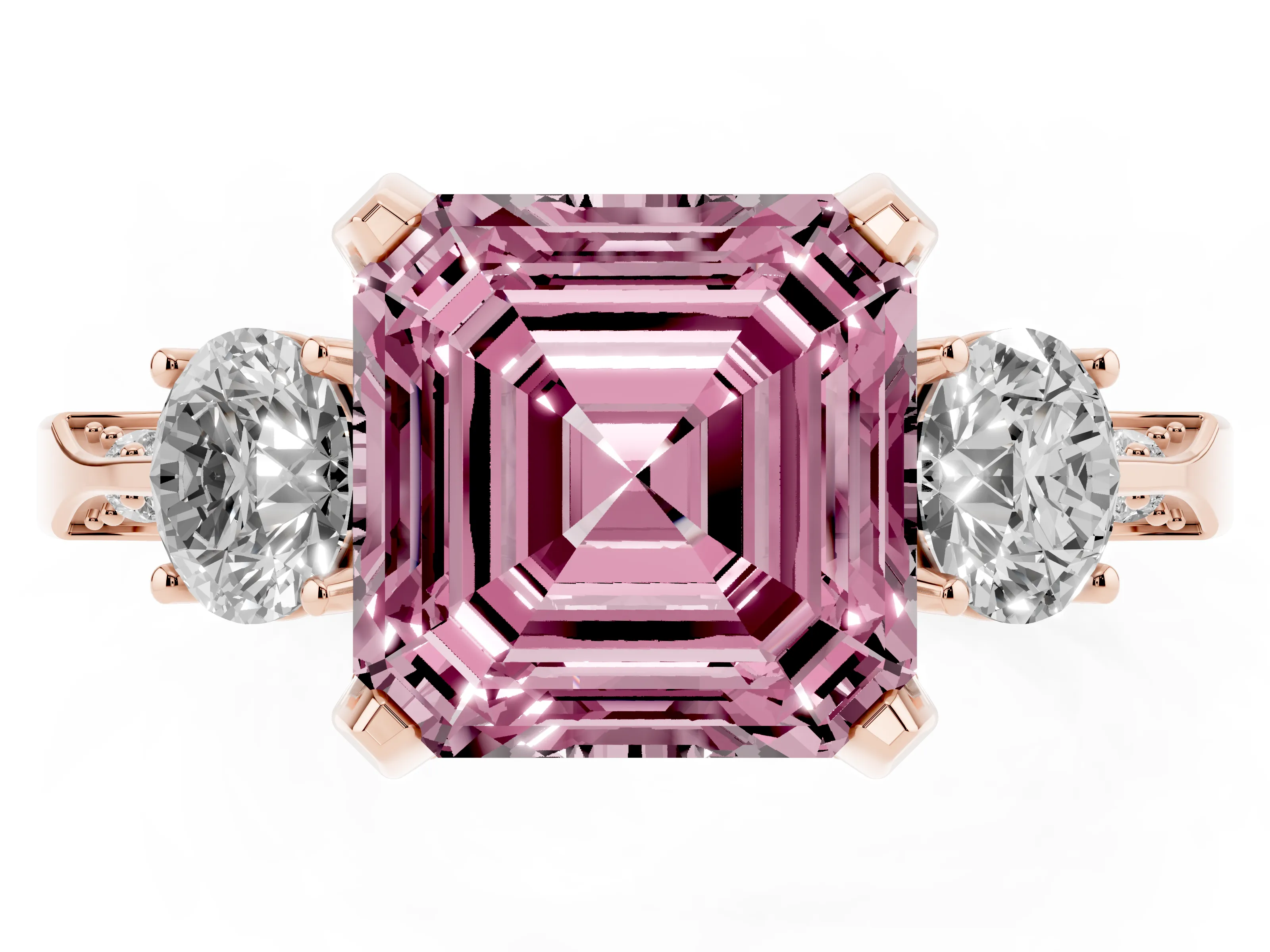 Fancy Pink Asscher Cut Diamond Three-Stone Ring Set in Rose gold with Pavé Band and Smaller Side Stones