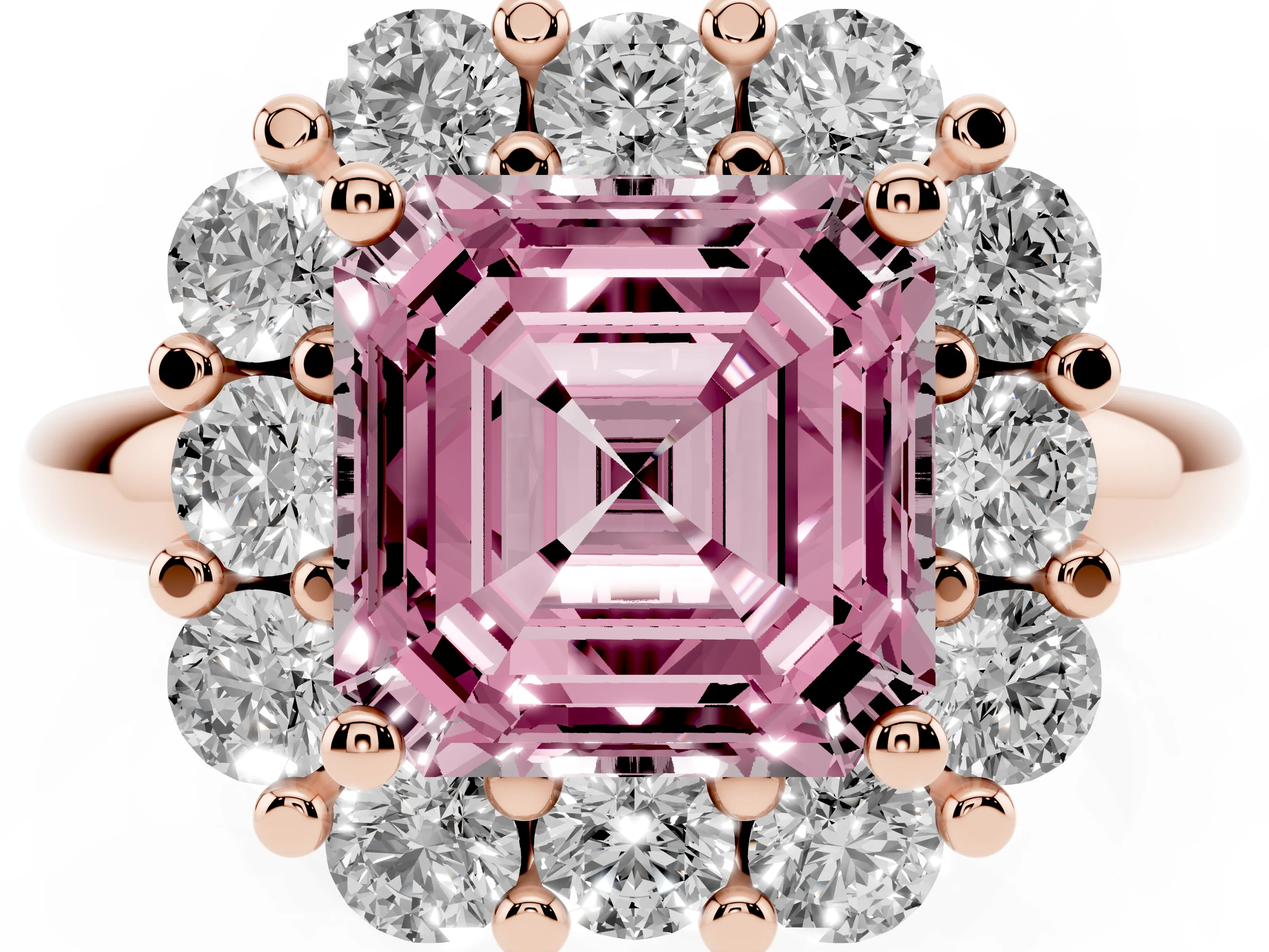 Fancy Pink Asscher Cut Diamond Halo Cluster Engagement Ring Set in Rose gold with Polished Band and Prong Setting