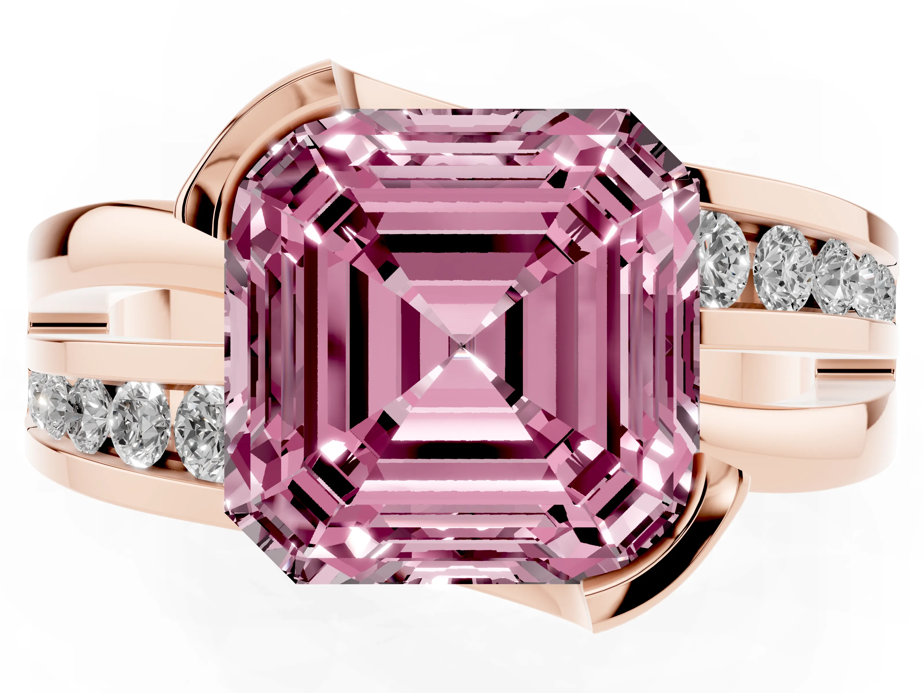 Fancy Pink Asscher Cut Diamond Solitaire Ring Set in Rose gold with Channel Set Split Shank and Tension Prongs