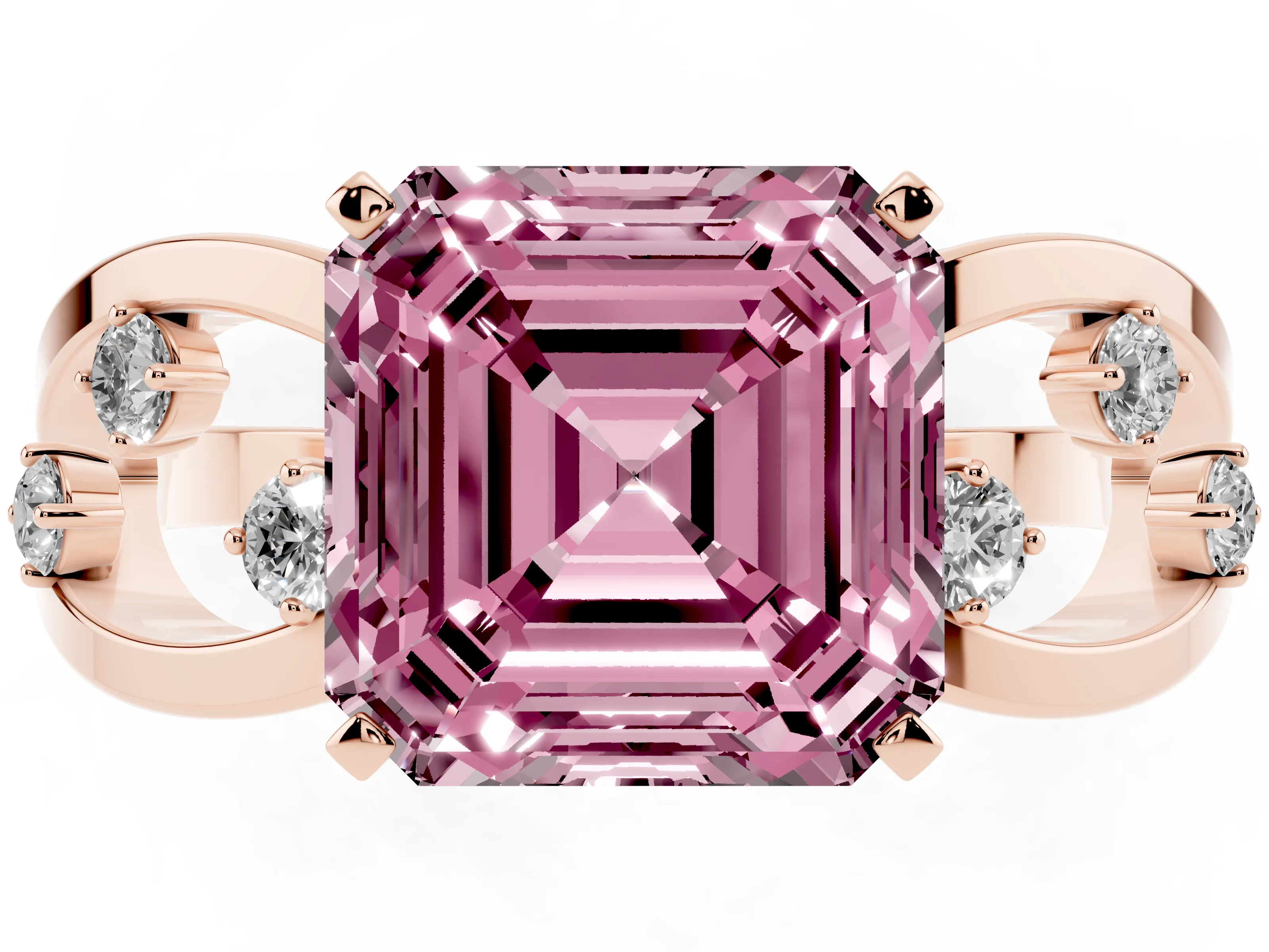 Fancy Pink Asscher Cut Diamond Solitaire Ring Set in Rose gold with Side Stones on Criss-Cross Band and Prong Setting