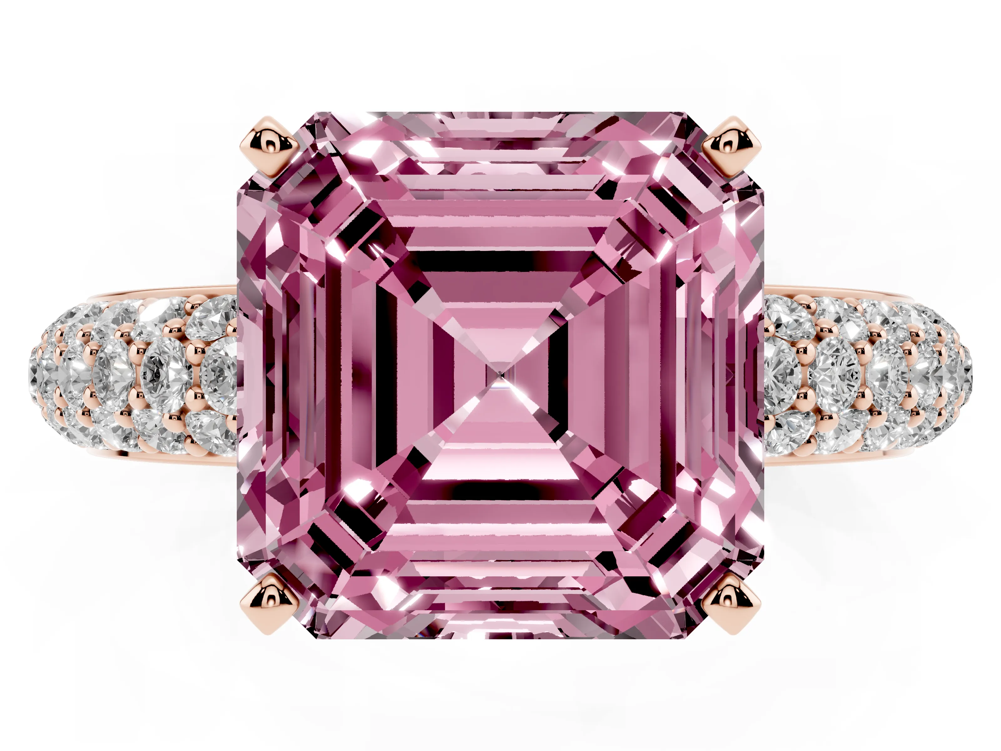 Fancy Pink Asscher Cut Diamond Solitaire Ring Set in Rose gold with Prong Setting and Pavé-Set Band