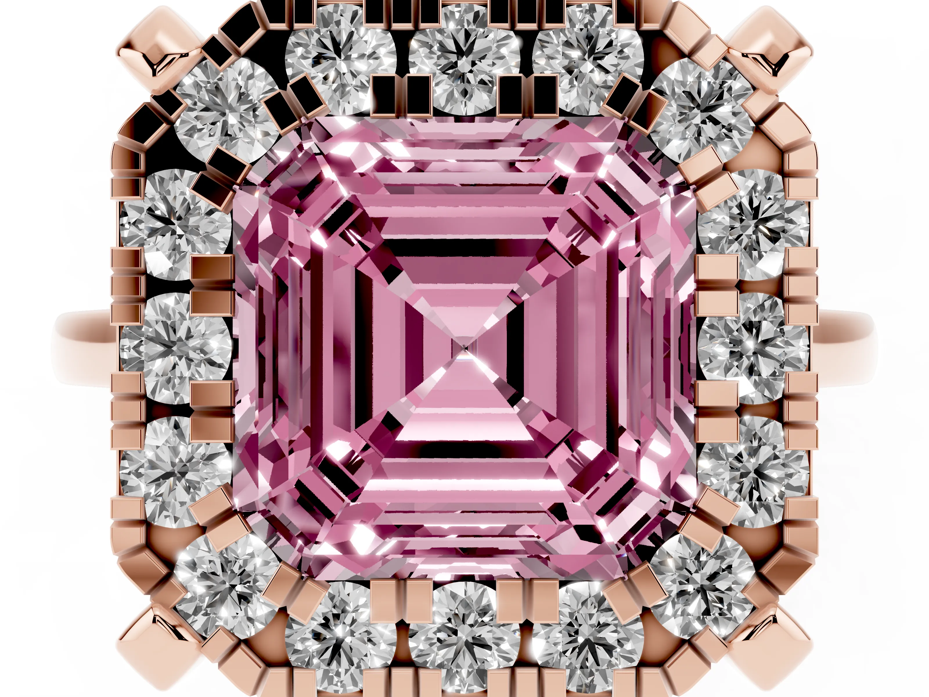 Fancy Pink Asscher Cut Diamond Cluster Halo Solitaire Ring Set in Rose gold with Prong Setting