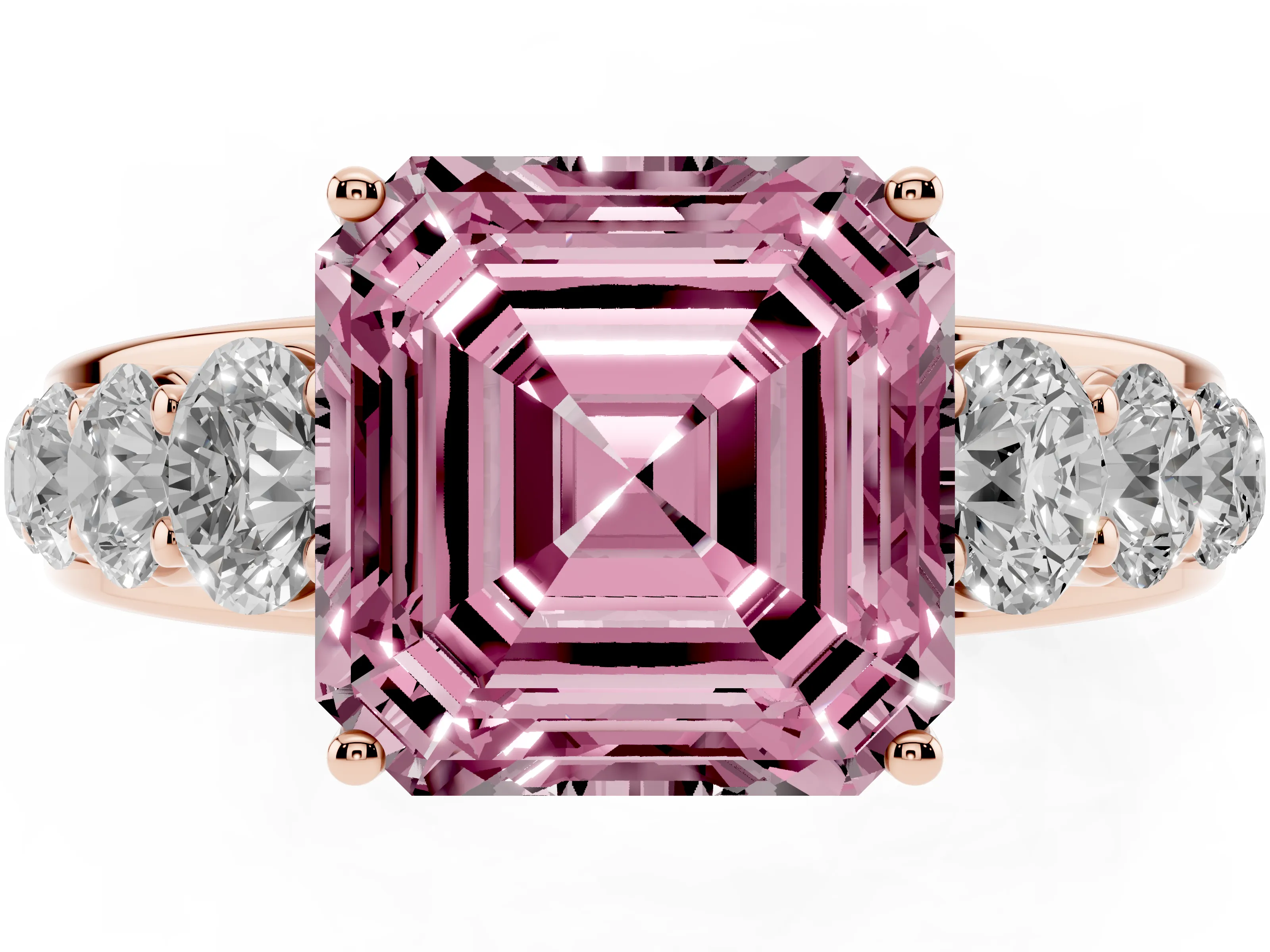 Fancy Pink Asscher Cut Diamond Solitaire Ring Set in Rose gold with Pavé-Set Band and Prong Setting